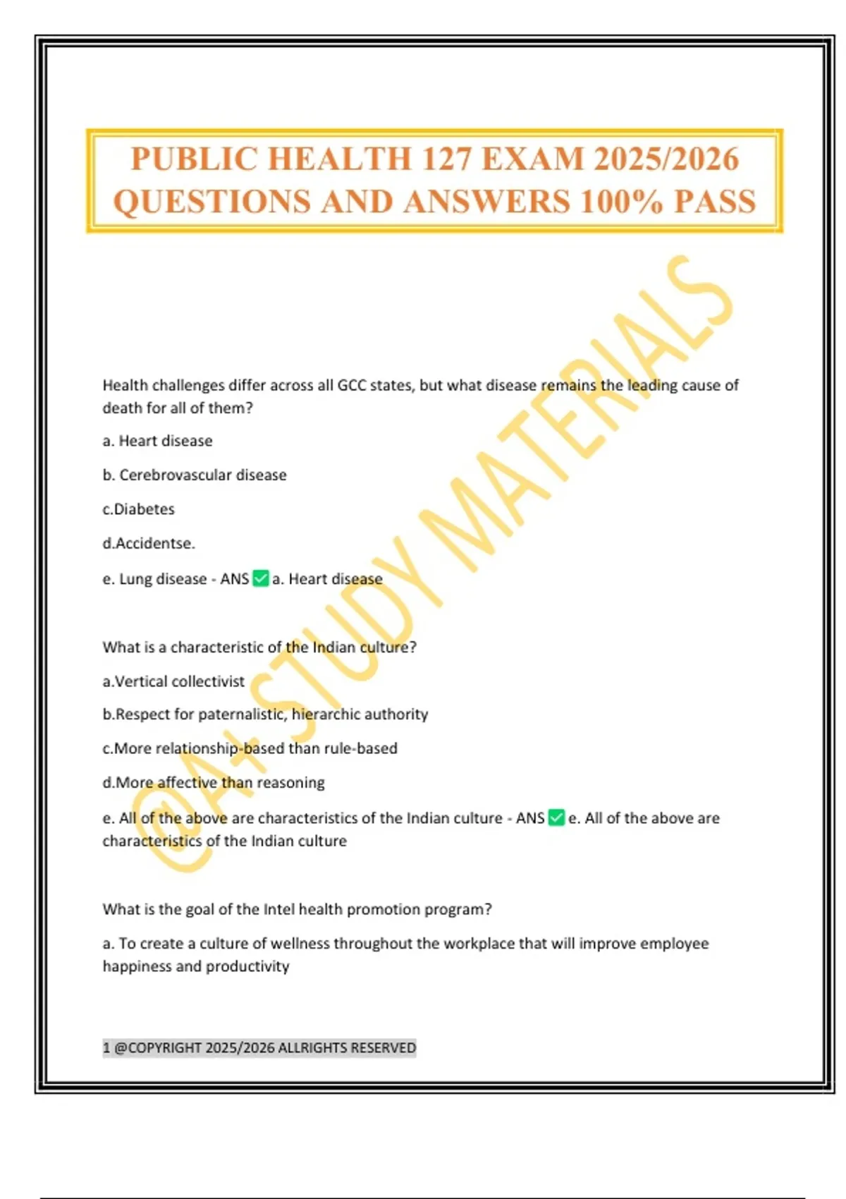 PUBLIC HEALTH 127 EXAM 2025/2026 QUESTIONS AND ANSWERS 100% PASS ...