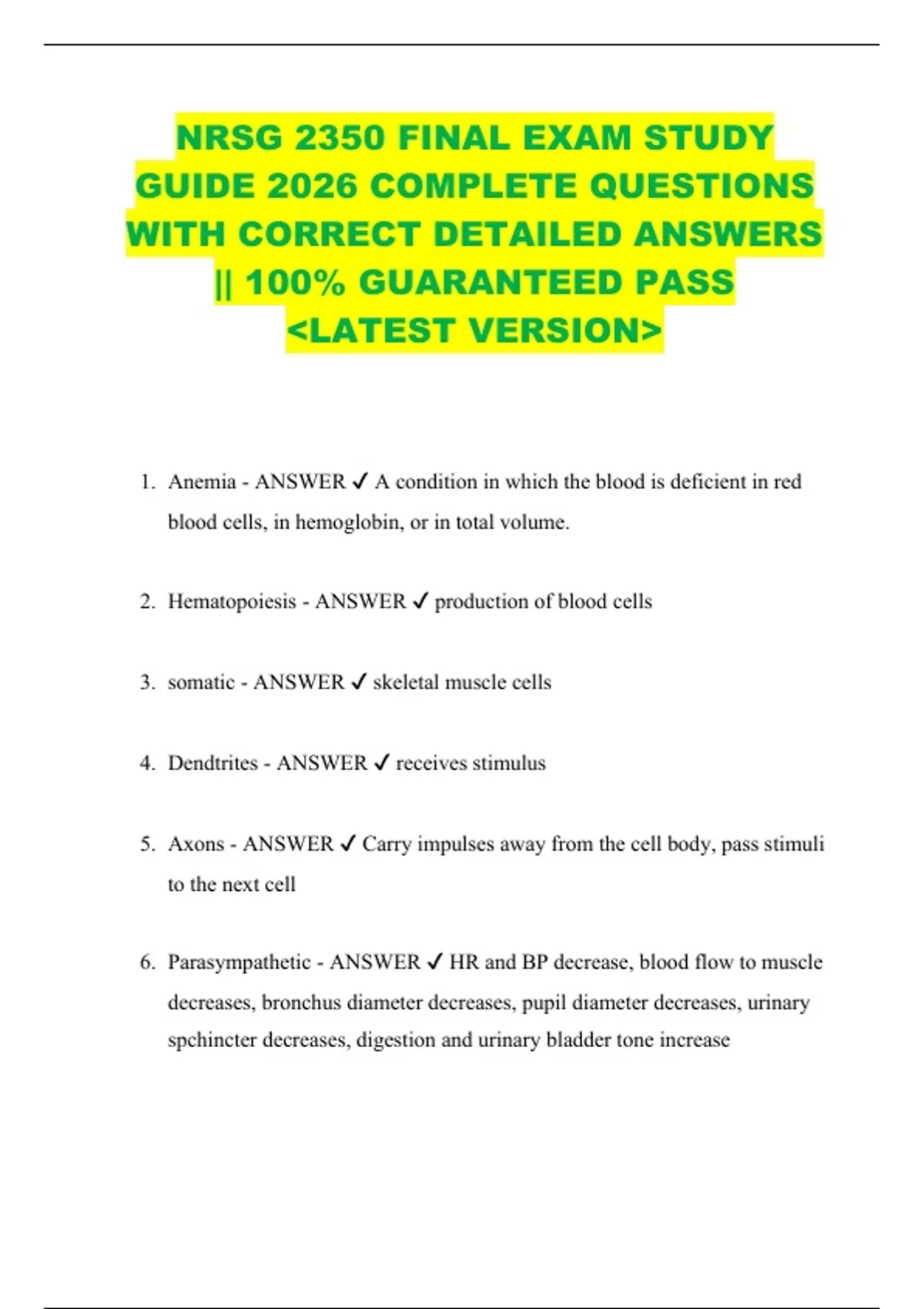 NRSG 2350 FINAL EXAM STUDY GUIDE 2026 COMPLETE QUESTIONS WITH CORRECT ...