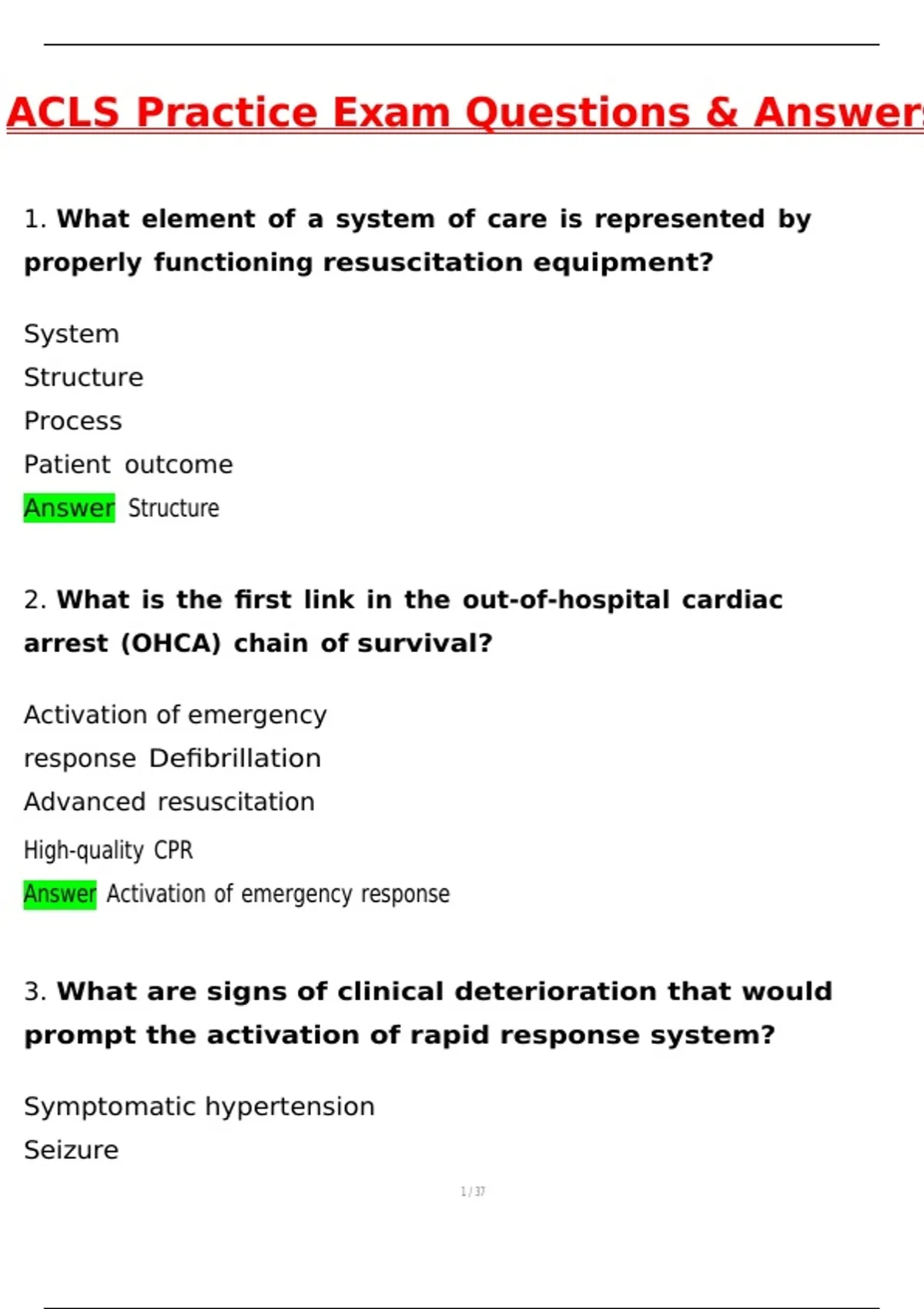 ACLS Practice Questions Exam (Latest 2025 / 2026 ) Actual Questions and ...