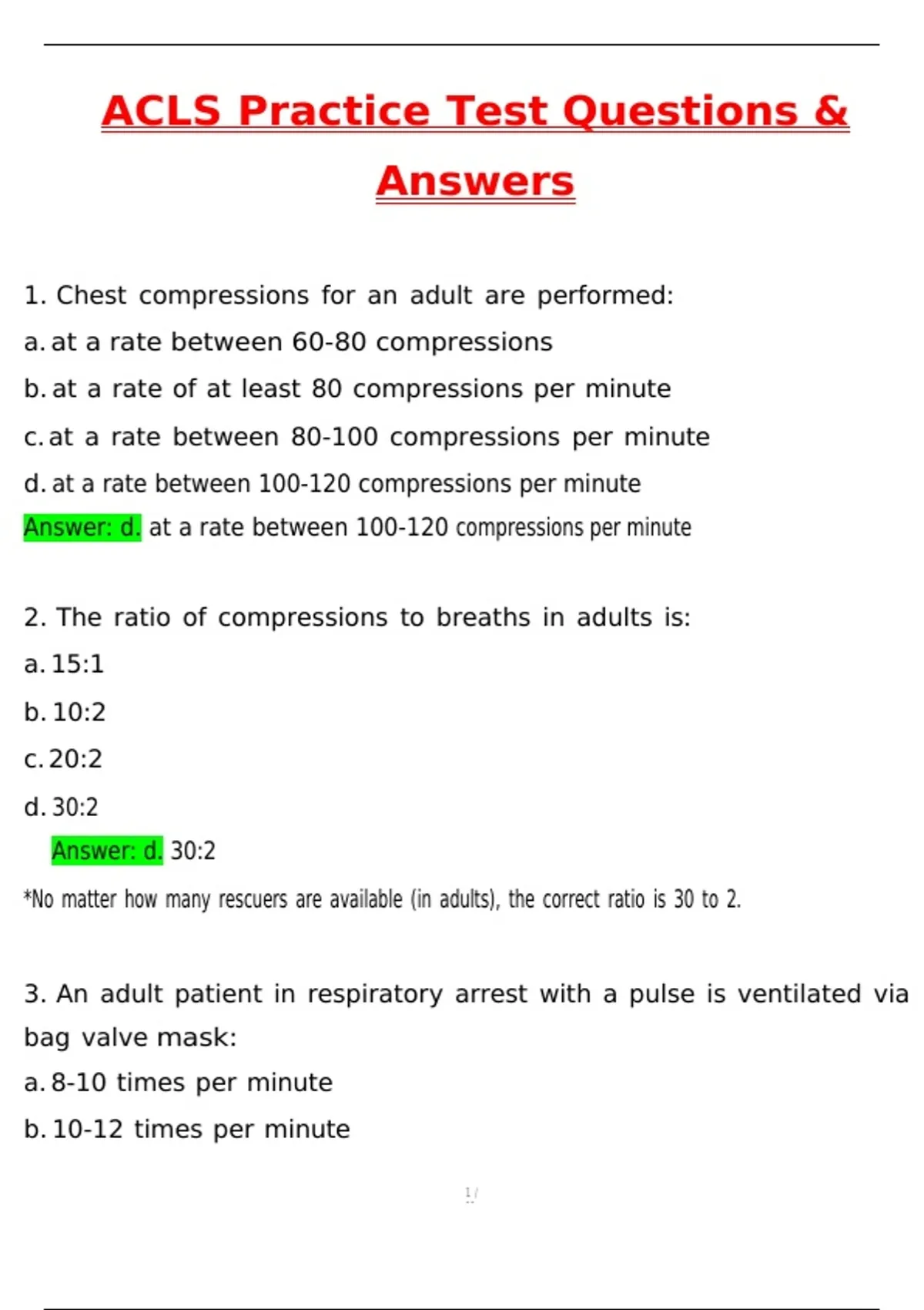 ACLS Practice Test (Latest 2025 / 2026 ) Actual Questions and Answers ...