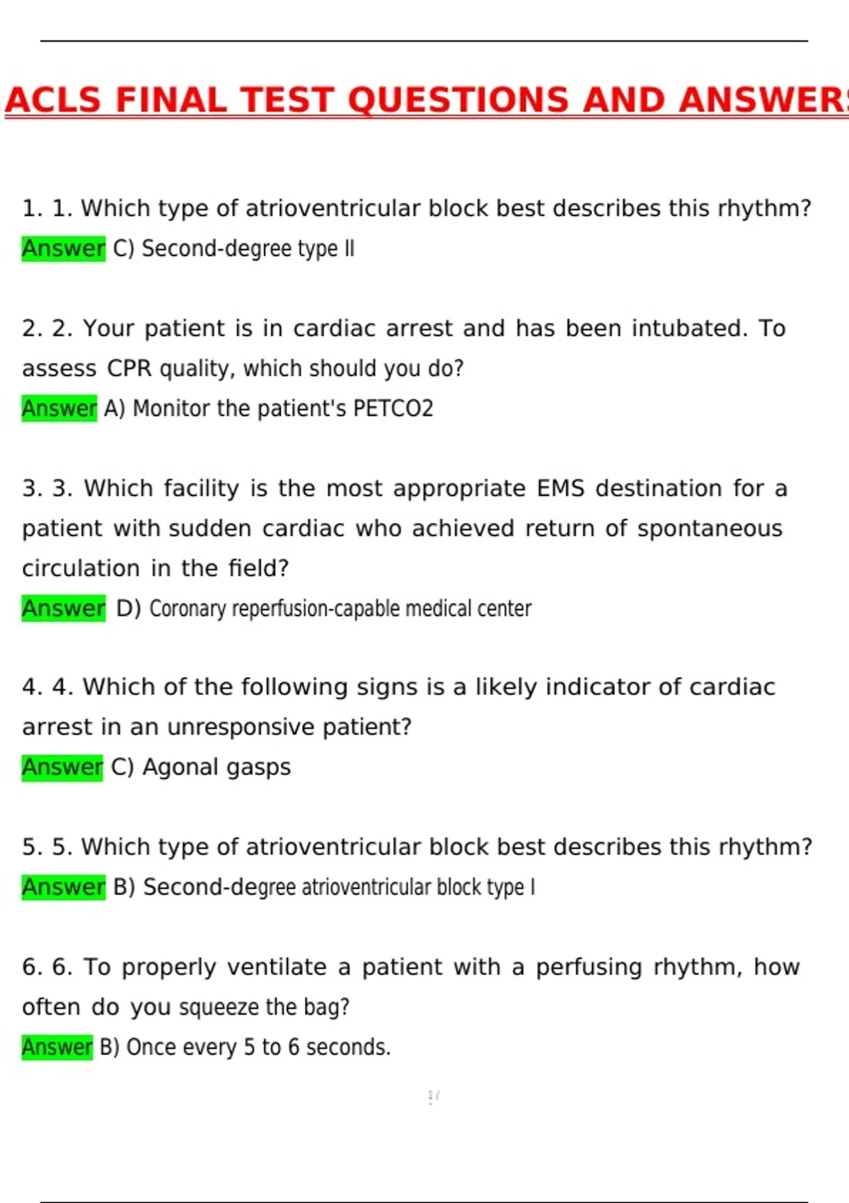 ACLS FINAL TEST (Latest 2025 / 2026 Update) Questions and Verified ...