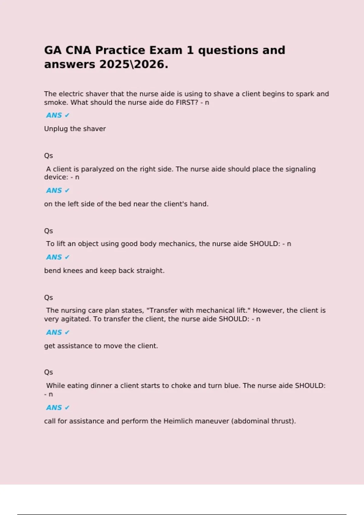 GA CNA Practice Exam 1 questions and answers . The electric shaver that ...