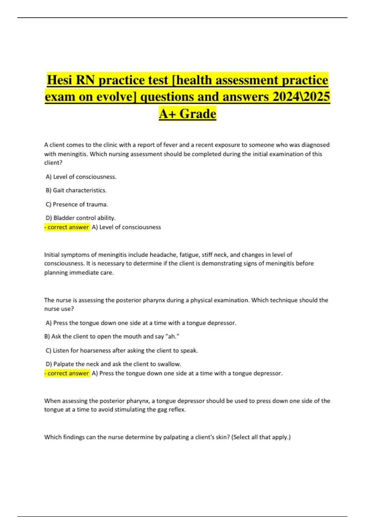 HESI RN Practice Test [Health Assessment on Evolve] | Verified Questions and Answers (A+ Grade ...