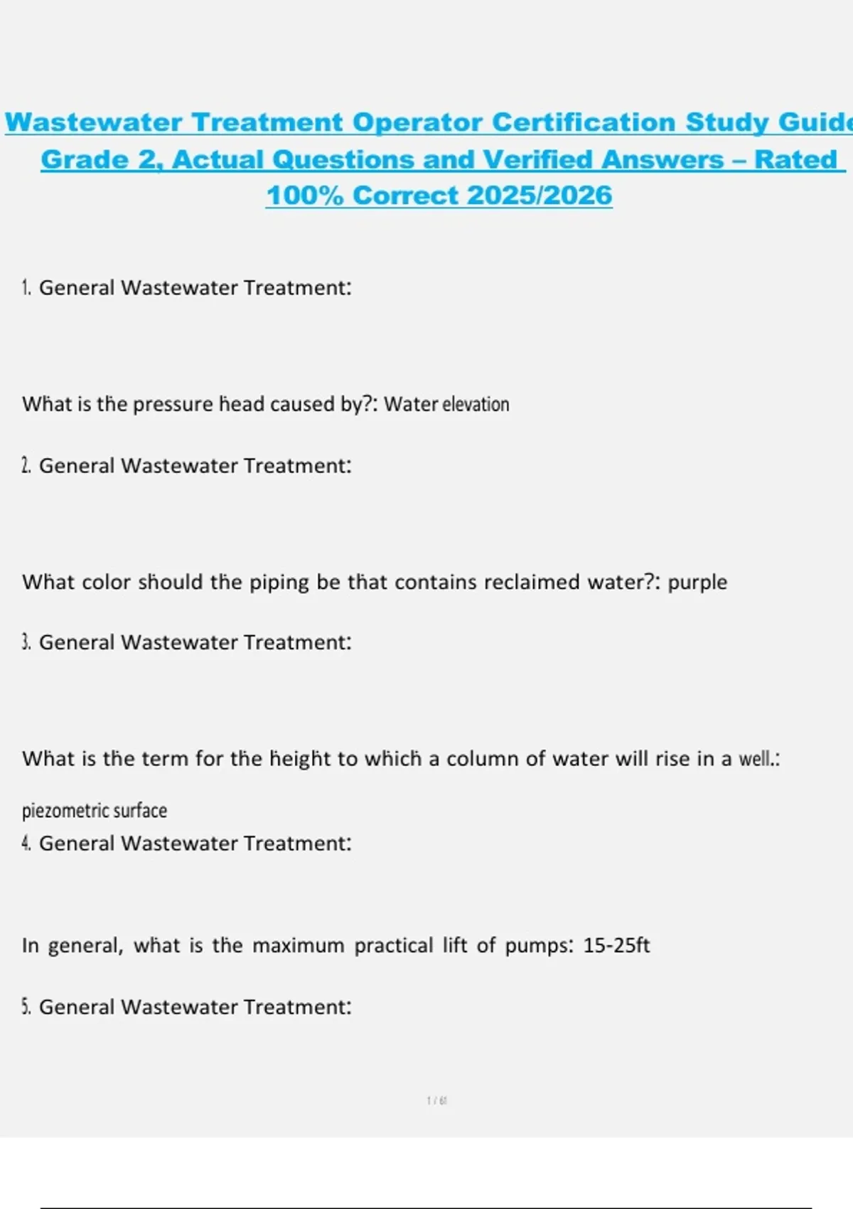 Wastewater Treatment Operator Certification Study Guide Grade 2 ...