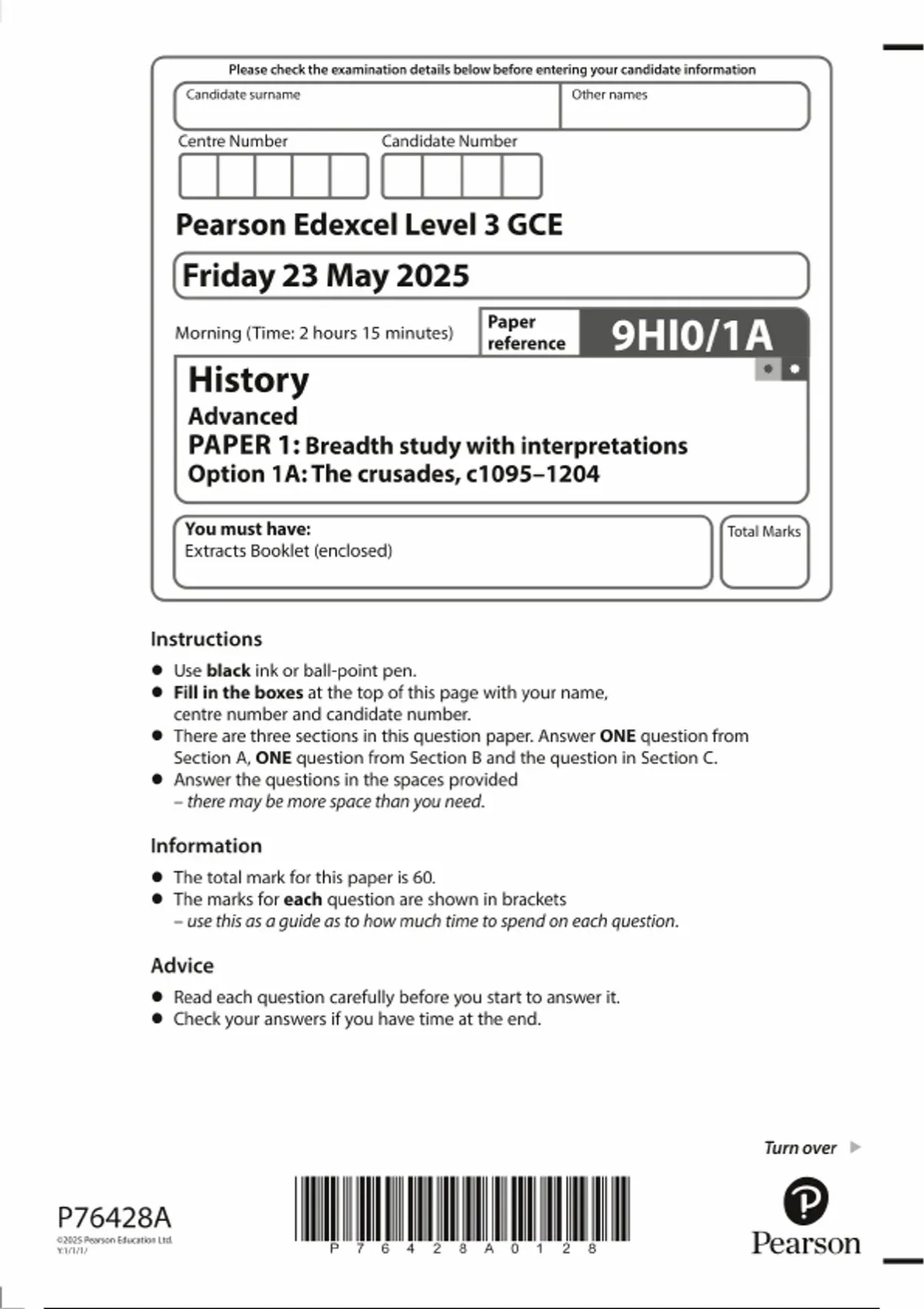 2025 Pearson Edexcel A LEVEL History PAPER 1 QUESTION PAPER (9HI0/1A ...