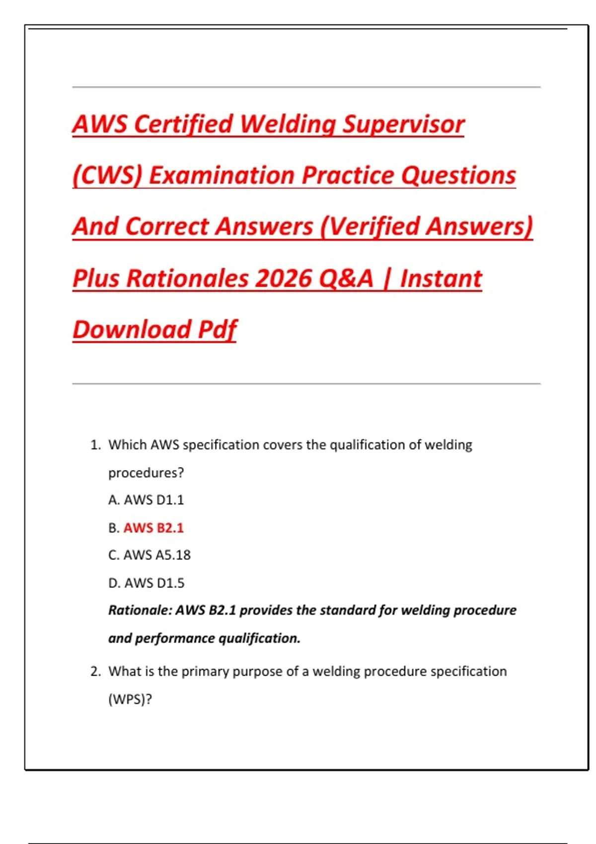 AWS Certified Welding Supervisor (CWS) Examination Practice Questions And Correct Answers ...