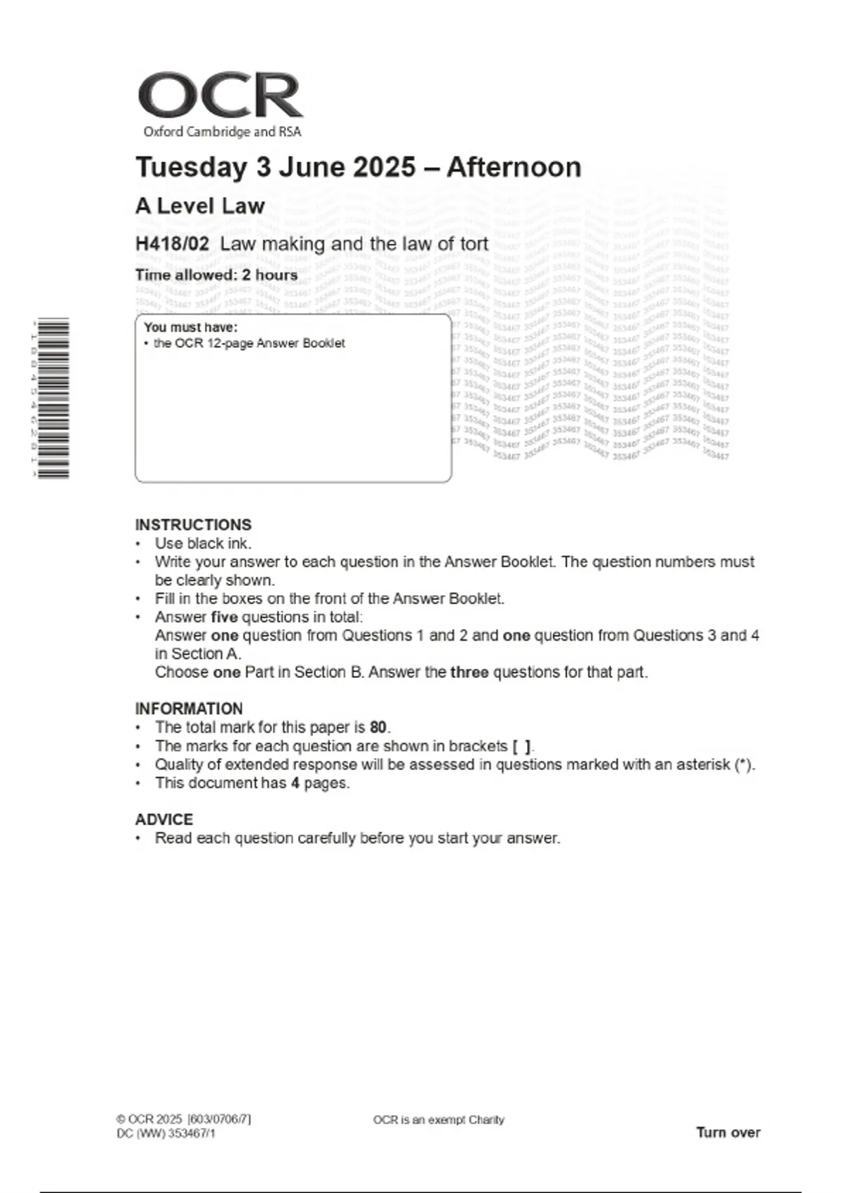 2025 OCR A Level Law H418/02 Law making and the law of tort Combined ...