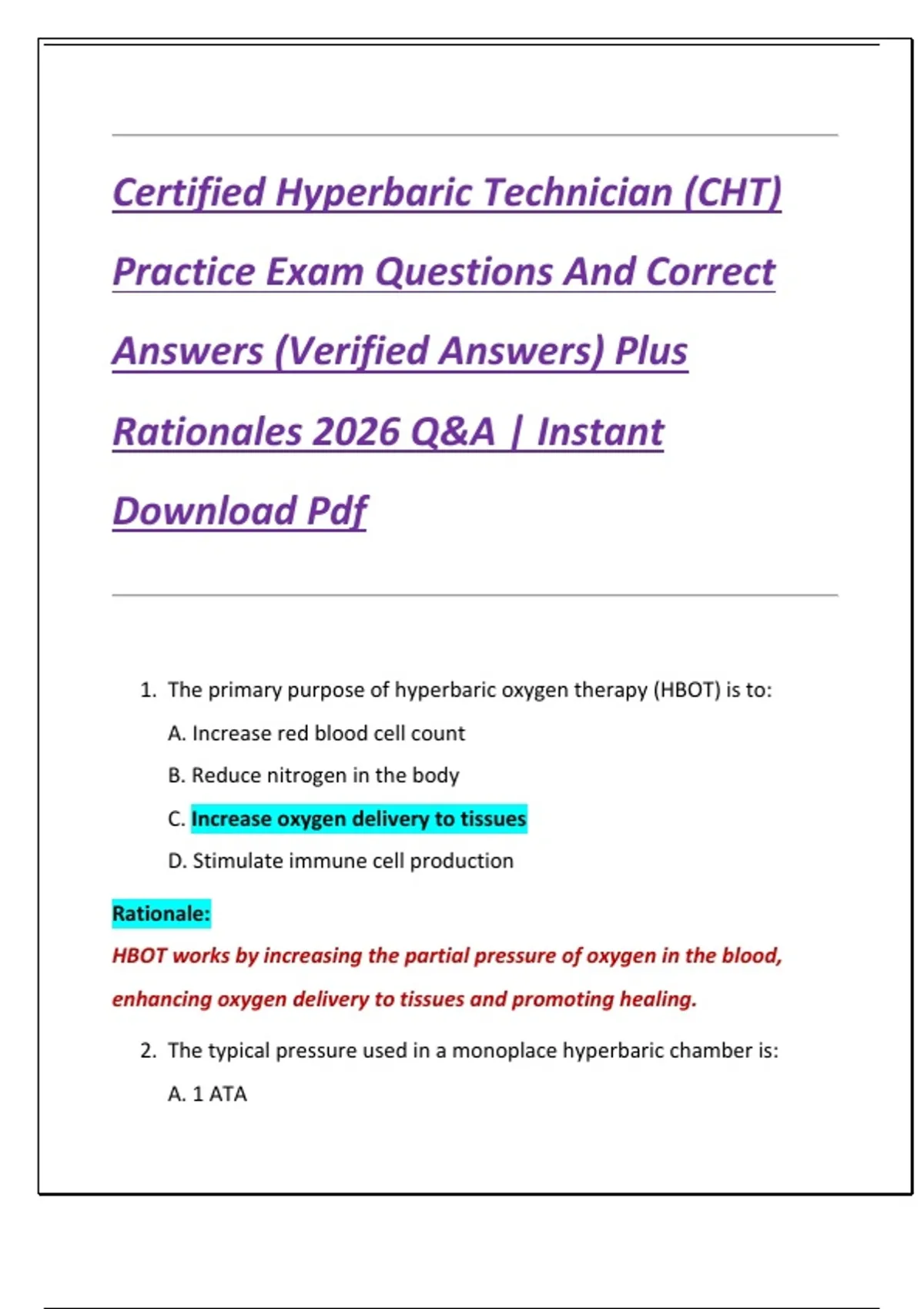 Certified Hyperbaric Technician (CHT) Practice Exam Questions And ...