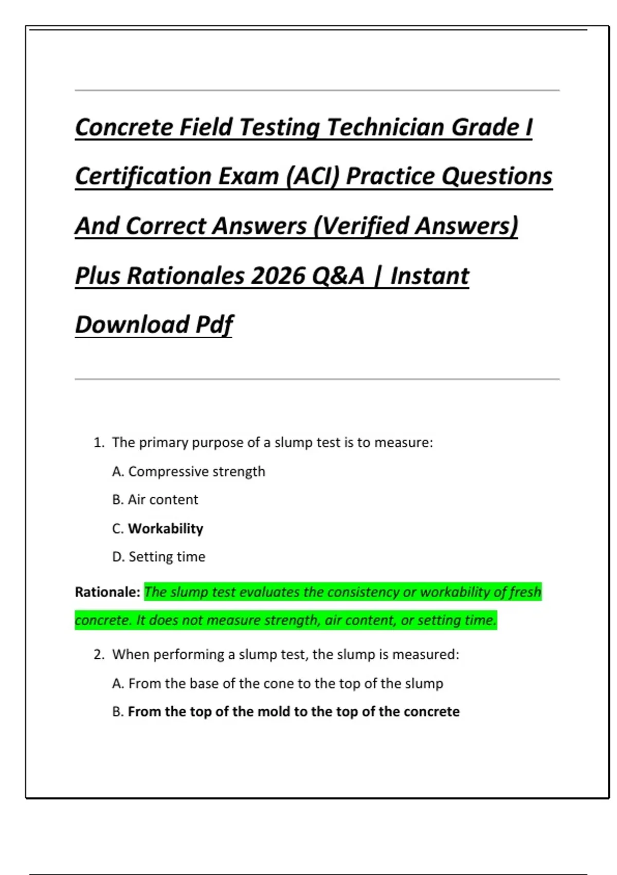 Concrete Field Testing Technician Grade I Certification Exam (ACI ...