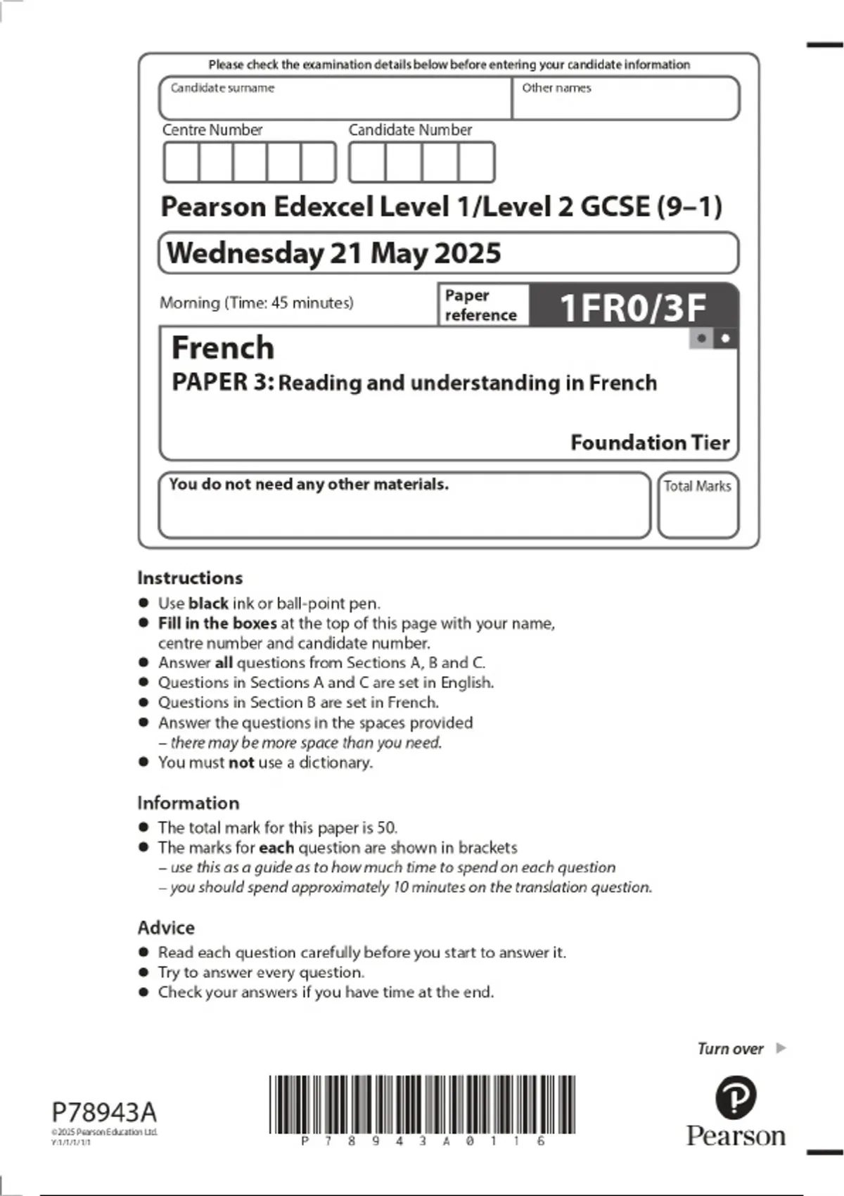 2025 Pearson Edexcel Level 1/Level 2 GCSE (9–1) French PAPER 3: Reading ...