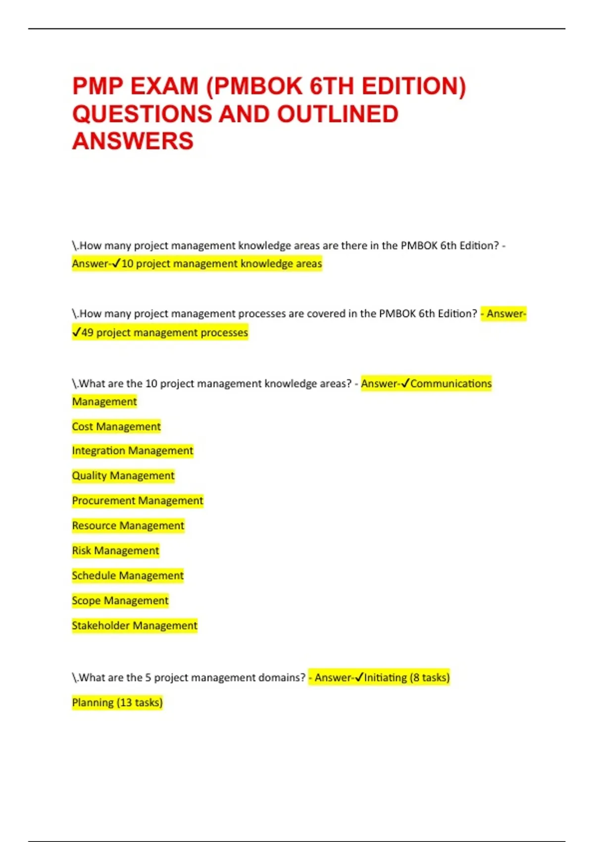 PMP EXAM (PMBOK 6TH EDITION) QUESTIONS AND OUTLINED ANSWERS - PMP ...