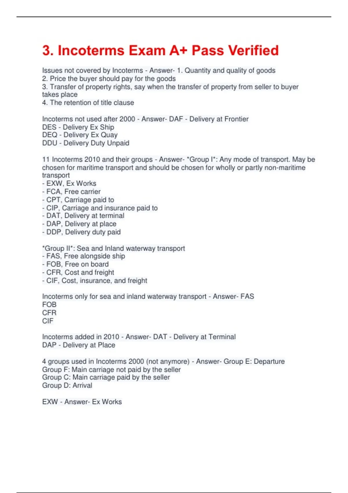 3. Incoterms Exam A+ Pass Verified - 3. Incoterms - Stuvia US