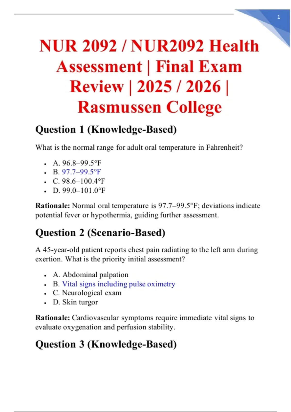 NUR2092 – Health Assessment Final Exam Review | Verified Questions and ...