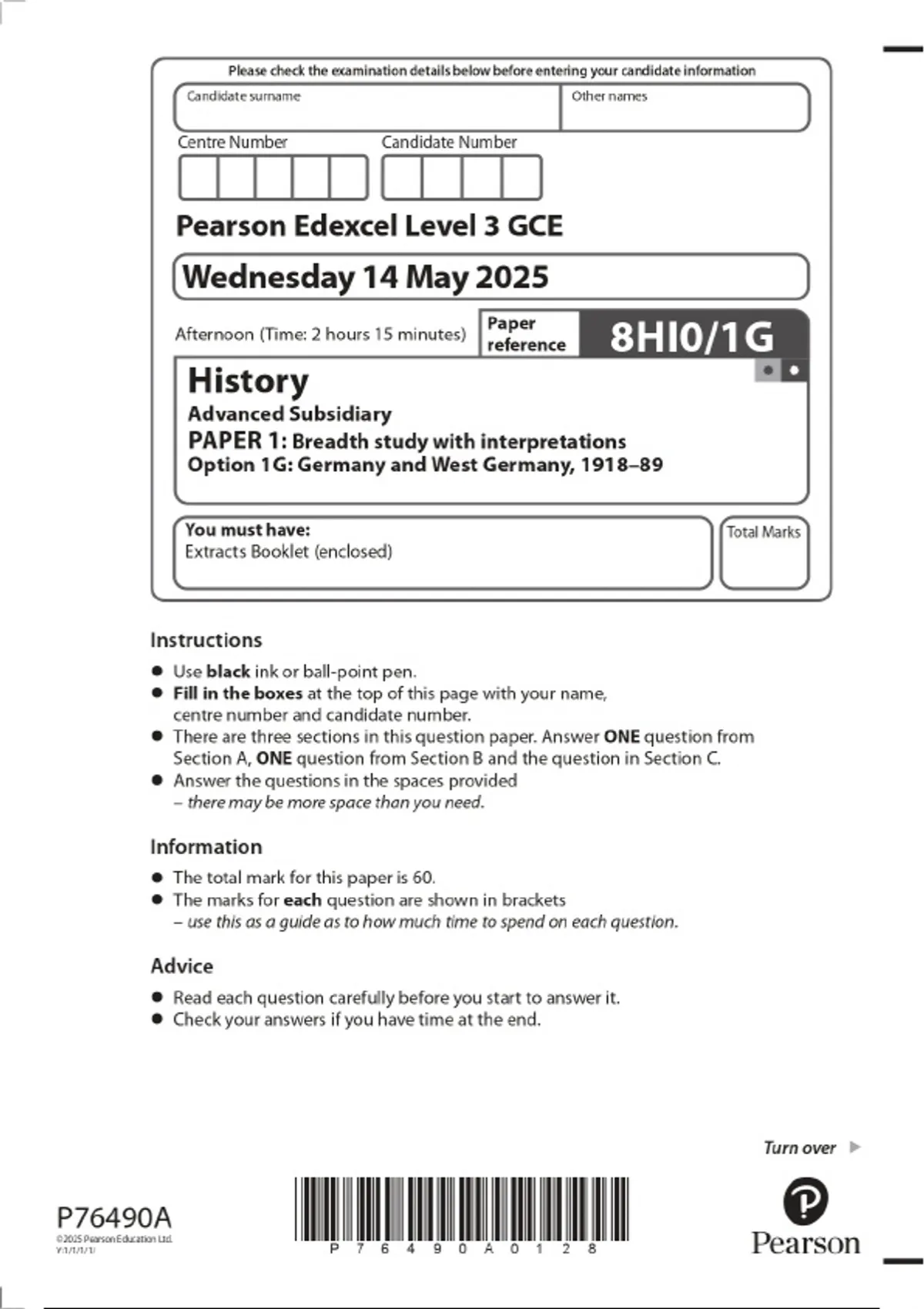 2025 Pearson Edexcel Level 3 GCE History Advanced Subsidiary PAPER 1 ...