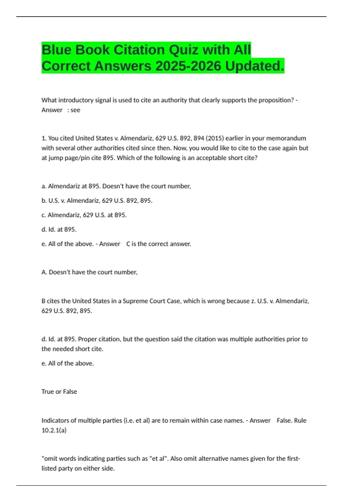 Blue Book Citation Quiz with All Correct Answers Updated. - Bluebook ...