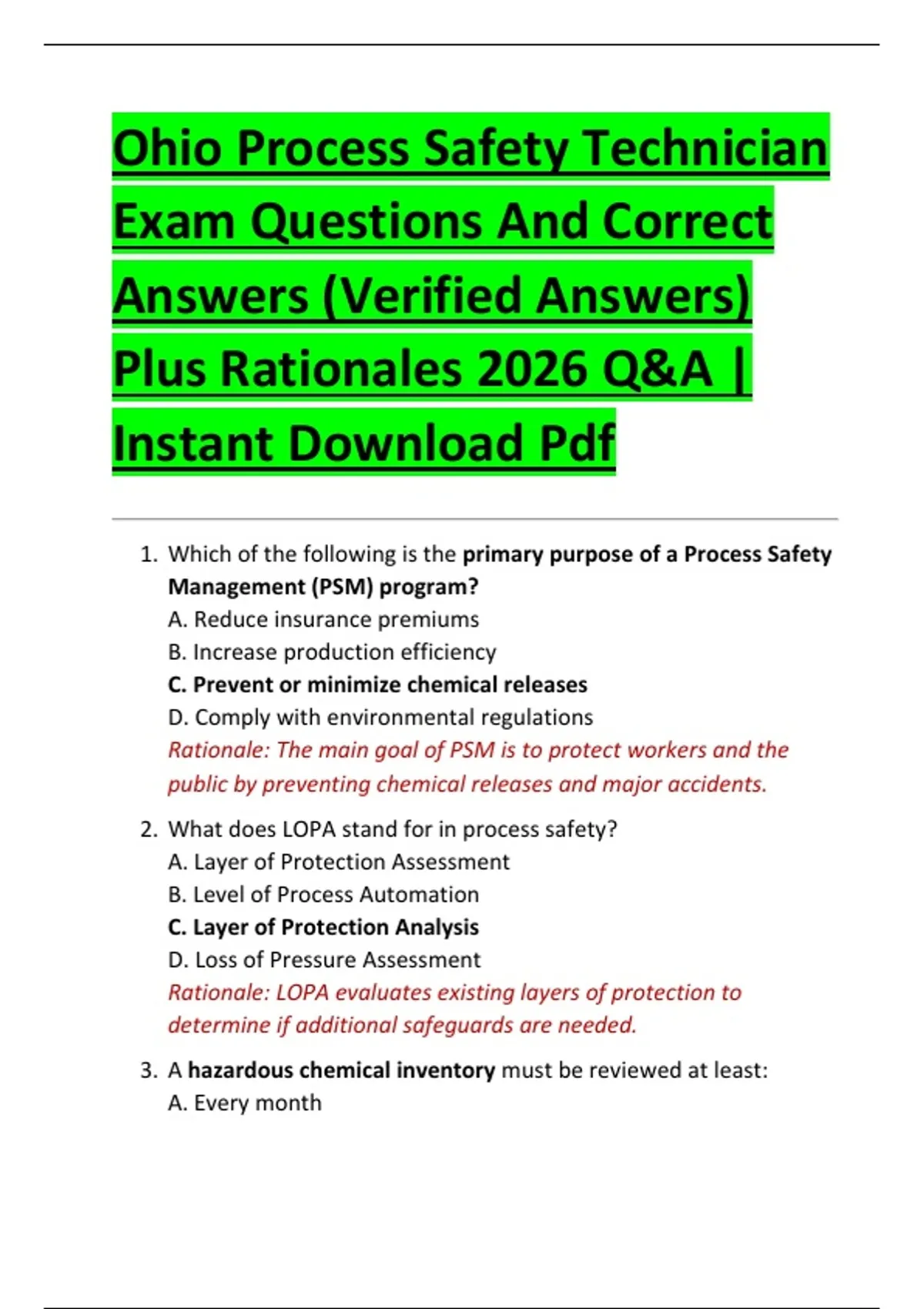 Ohio Process Safety Technician Exam Questions And Correct Answers ...