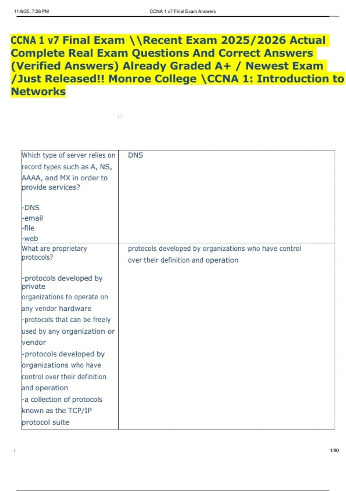 CCNA 1 v7 Final Exam Recent Exam 2025/2026 Actual Complete Real Exam ...