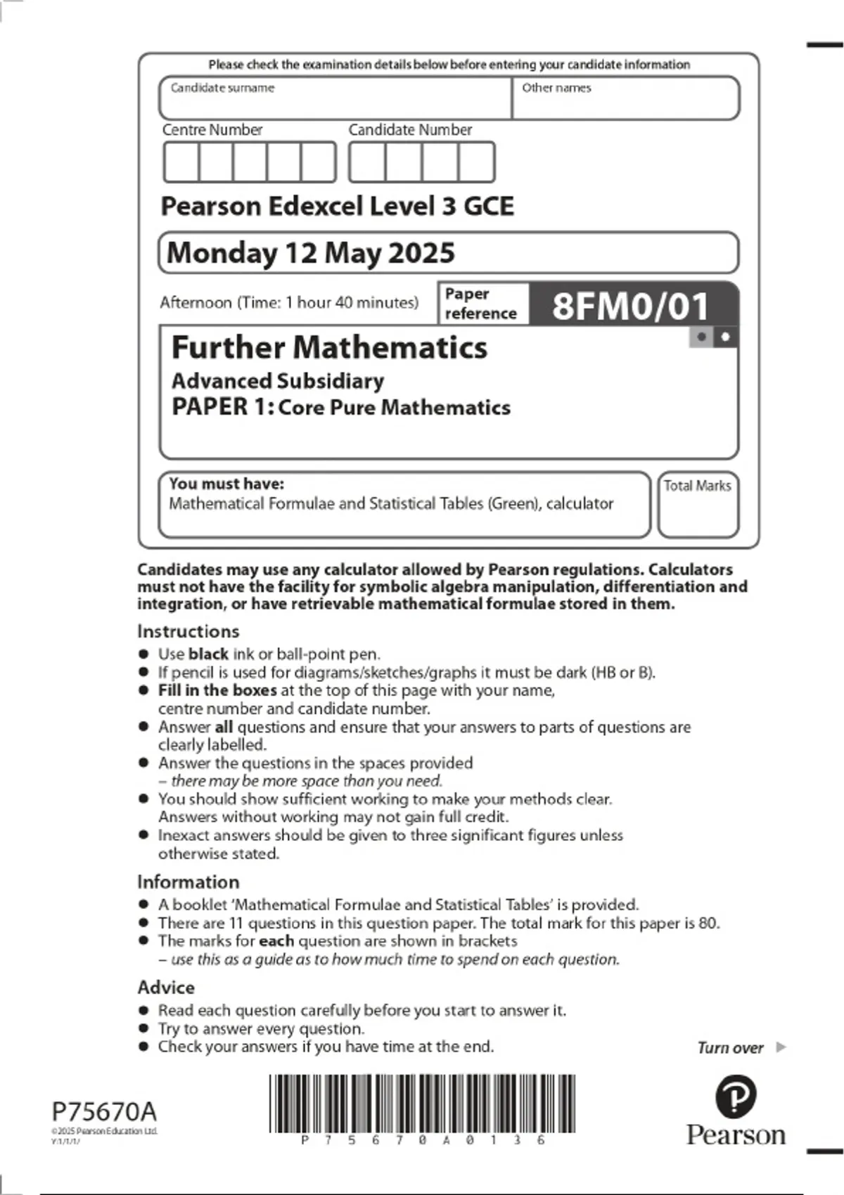 2025 Pearson Edexcel Level 3 GCE Further Mathematics Advanced ...