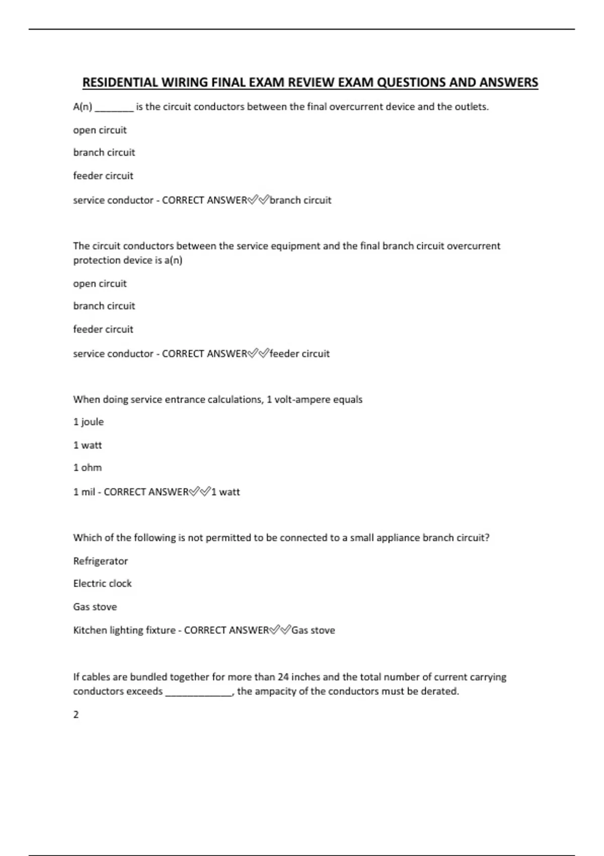 RESIDENTIAL WIRING FINAL EXAM REVIEW EXAM QUESTIONS AND ANSWERS - RESIDENTIAL WIRING - Stuvia US