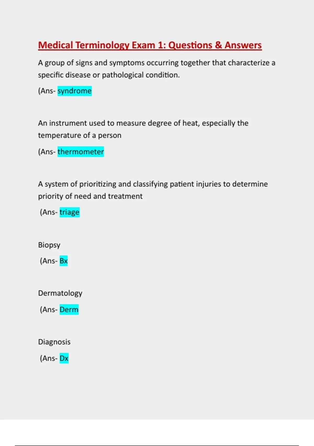 BIOD 103 Medical Terminology Exam 1: Questions & Answers: Updated ...