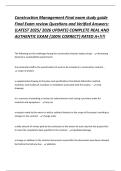 Construction Management Final exam study guide Final Exam review Questions and Verified Answers&colon; &lbrace;LATEST 2025&sol; 2026 UPDATE&rcub; COMPLETE REAL AND AUTHENTIC EXAM &lbrace;100&percnt; CORRECT&rcub; RATED A&plus;&excl;&excl;&excl;&excl;