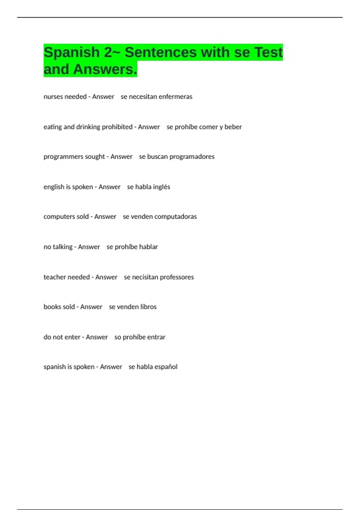Spanish 2~ Sentences with se Test and Answers. - Elementary Spanish II ...