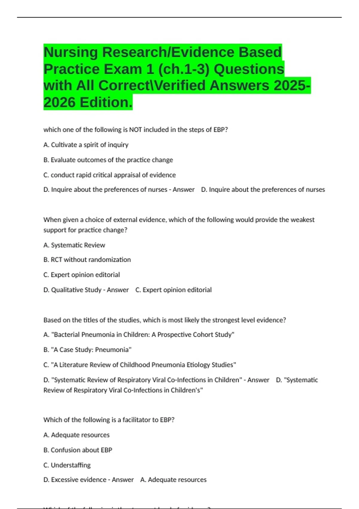 Nursing Research/Evidence Based Practice Exam 1 (ch.1-3) Questions with ...