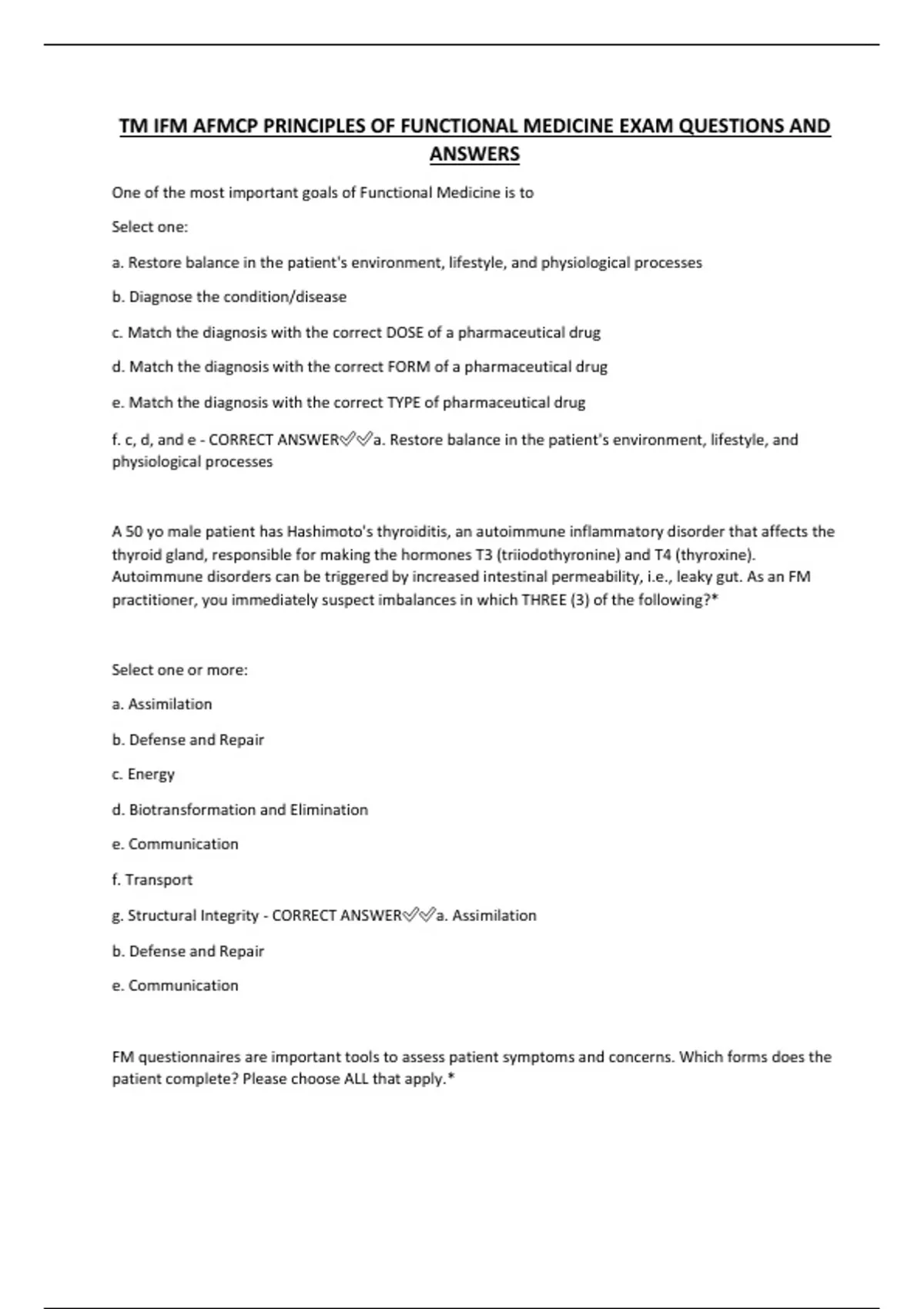 TM IFM AFMCP PRINCIPLES OF FUNCTIONAL MEDICINE EXAM QUESTIONS AND ...