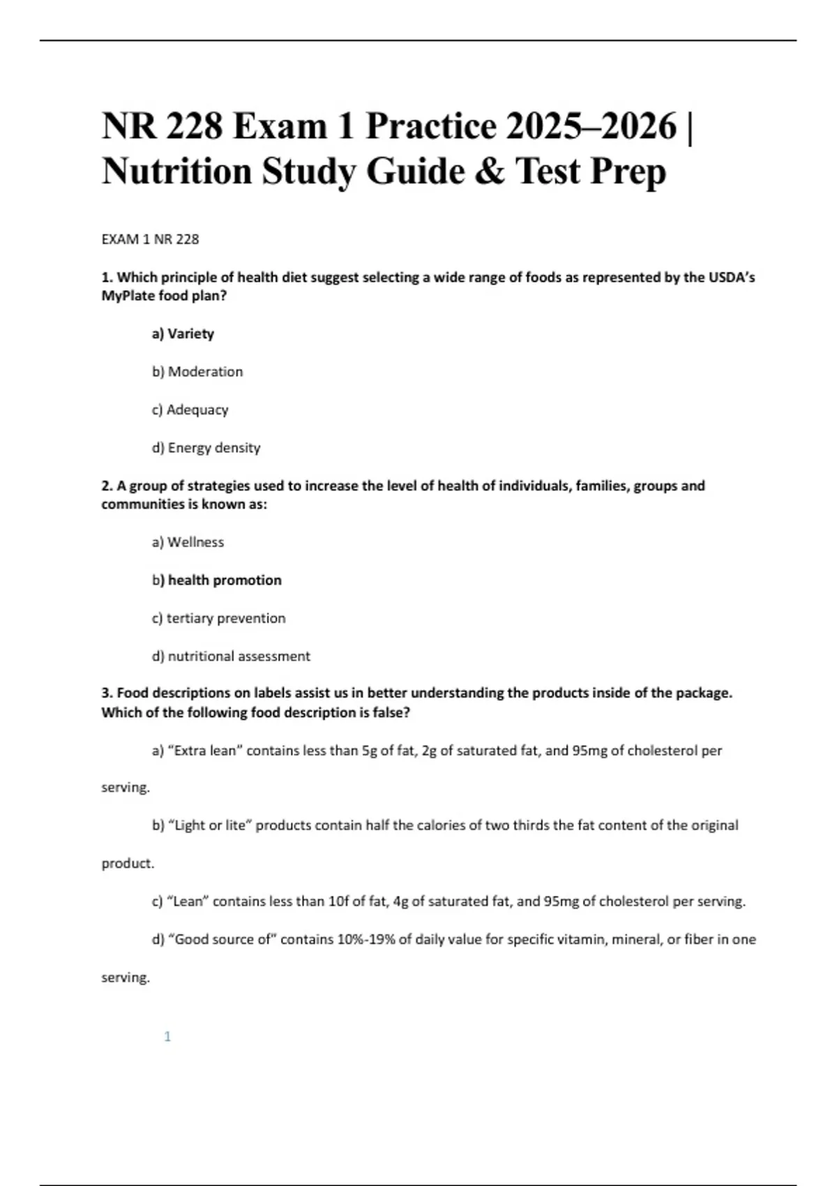 NR 228 Exam 1 | Nutrition, Health, and Wellness Nursing Exam Questions ...