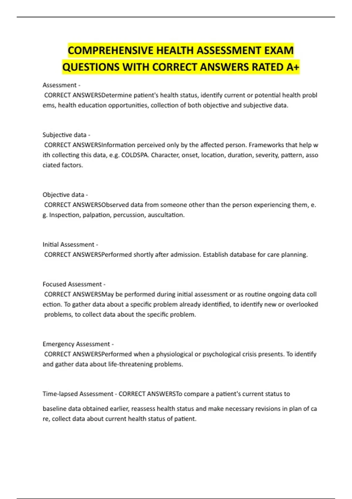 Health Assessment – Shadow Health Simulation ACTUAL EXAM QUESTIONS WITH ...