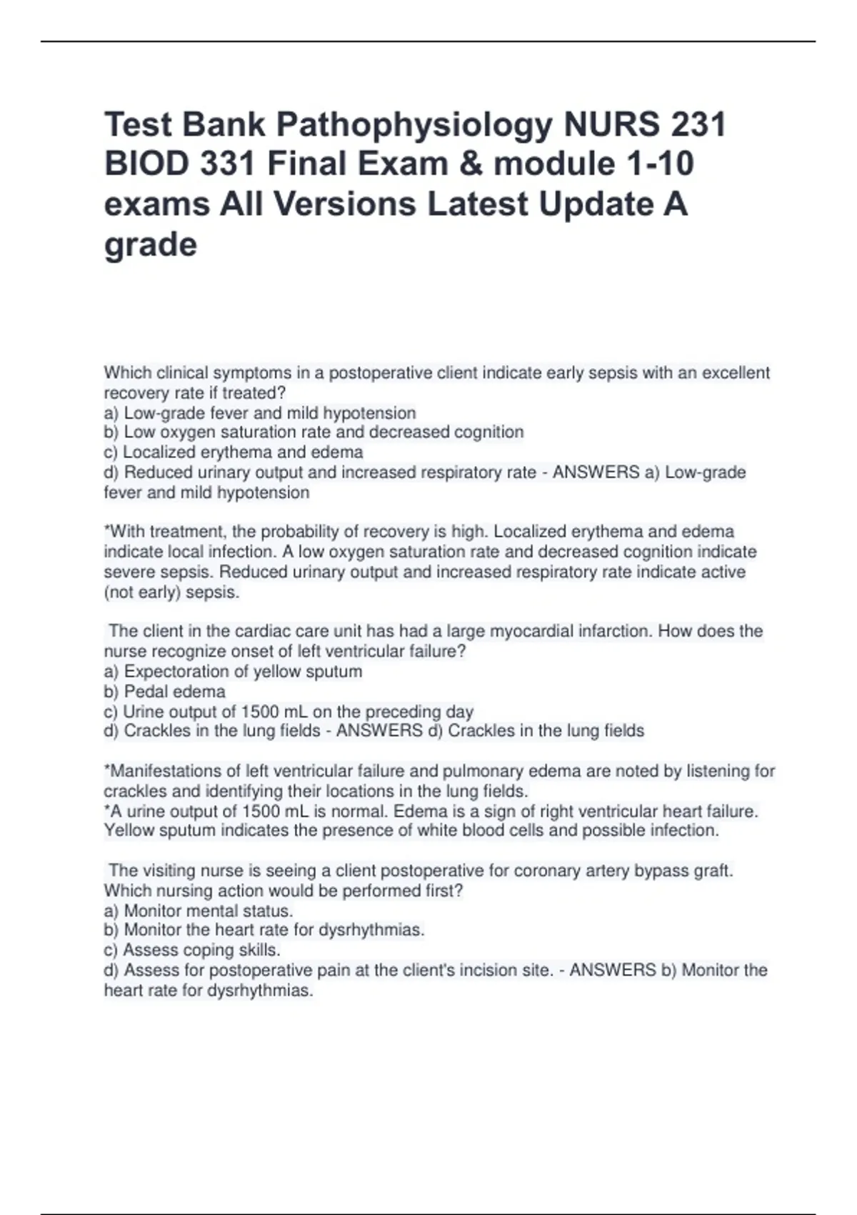 Learning Pathophysiology NURS 231 BIOD 331 Final Exam & module 1-10 ...