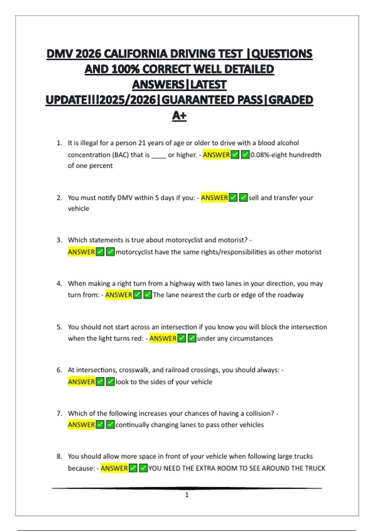 DMV 2026 CALIFORNIA DRIVING TEST |QUESTIONS AND 100% CORRECT WELL ...
