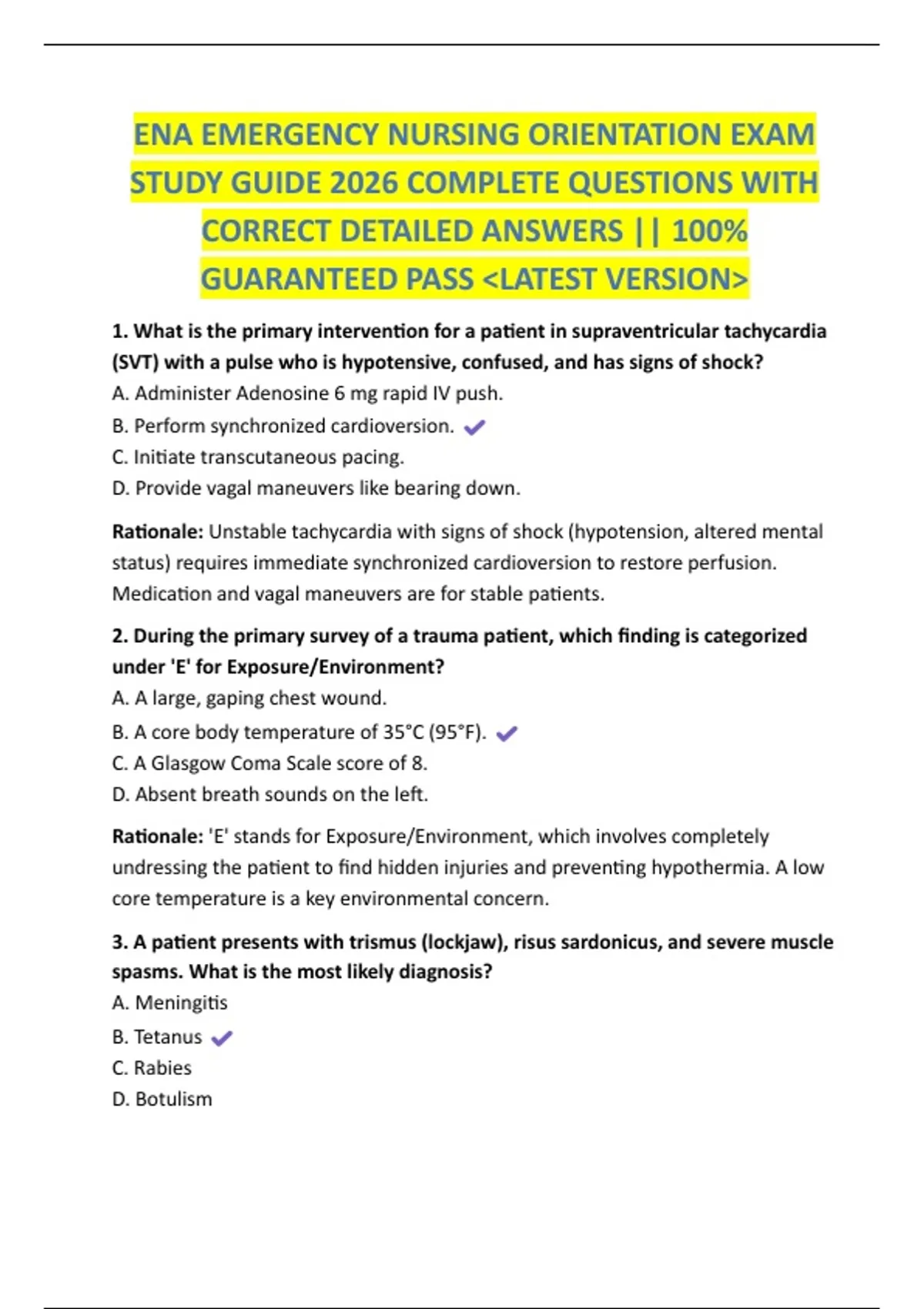 ENA EMERGENCY NURSING ORIENTATION EXAM STUDY GUIDE 2026 COMPLETE ...