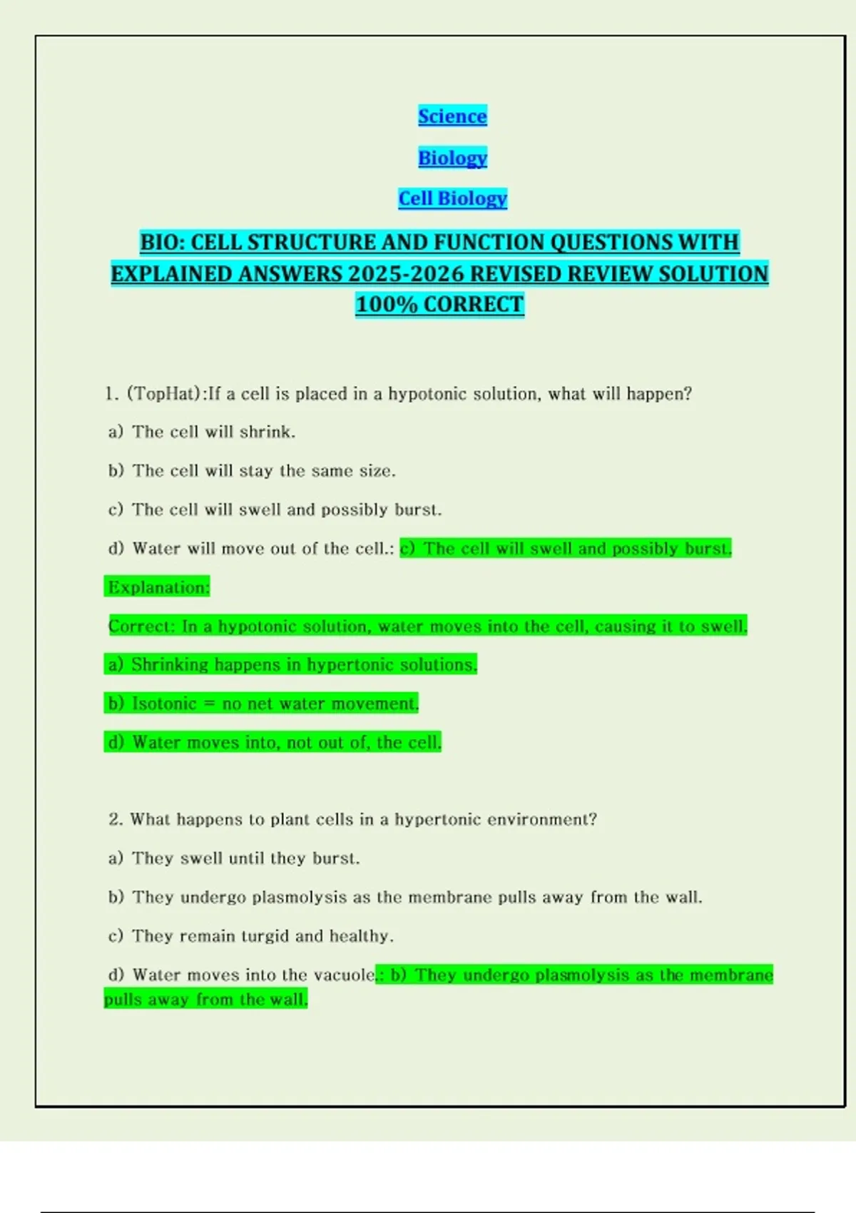 BIO: CELL STRUCTURE AND FUNCTION QUESTIONS WITH EXPLAINED ANSWERS ...