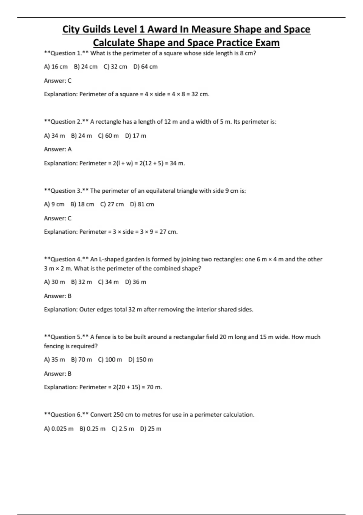 City Guilds Level 1 Award In Measure Shape and Space Calculate Shape ...