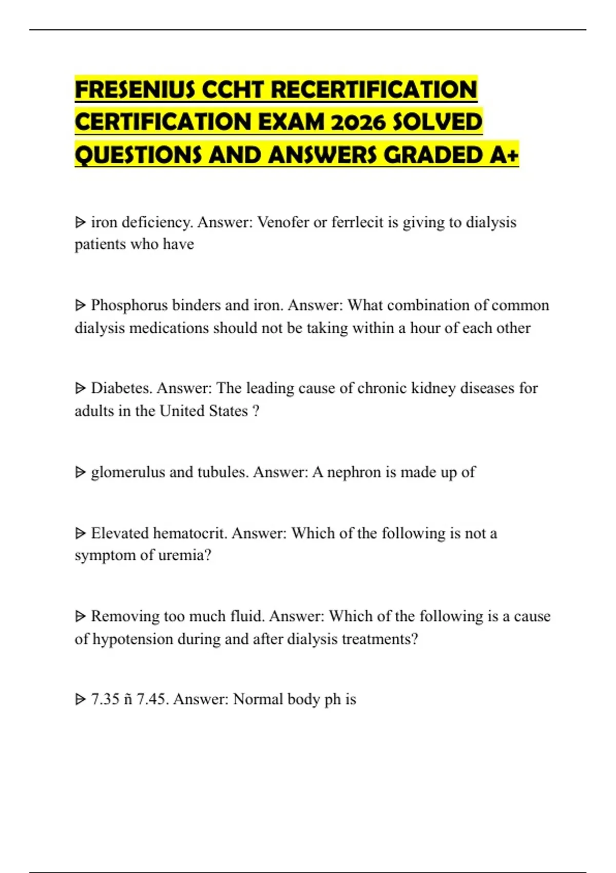 Ccht Recertification Form.pdf FRESENIUS CCHT RECERTIFICATION CERTIFICATION EXAM 2026 SOLVED QUESTIONS ...