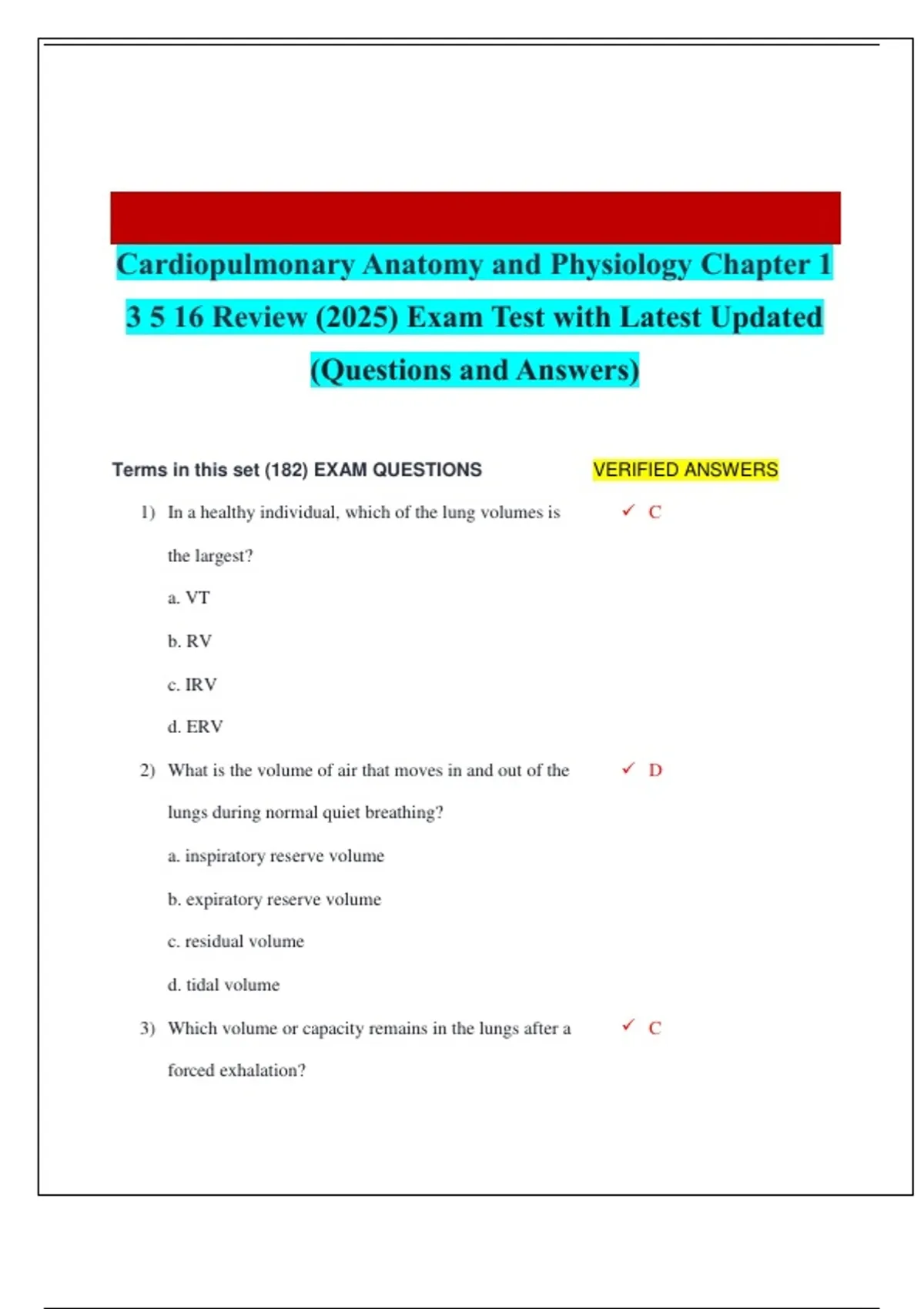Cardiopulmonary Anatomy and Physiology Chapter 1 3 5 16 Review (2025