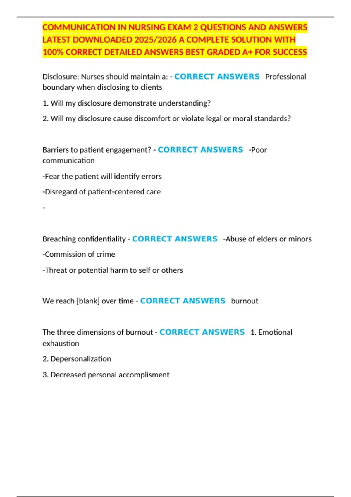 COMMUNICATION IN NURSING EXAM 2 QUESTIONS AND ANSWERS LATEST DOWNLOADED ...