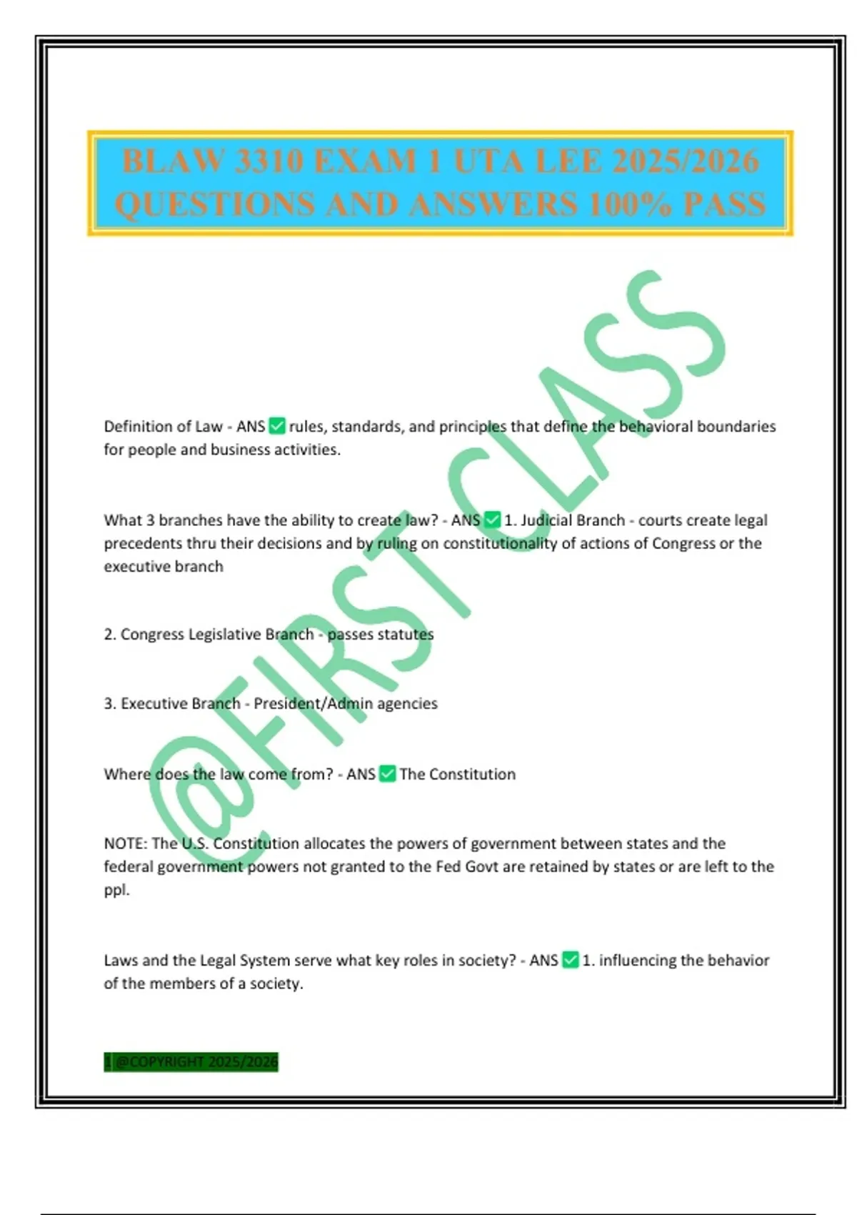 BLAW 3310 EXAM 1 UTA LEE 2025/2026 QUESTIONS AND ANSWERS 100% PASS ...