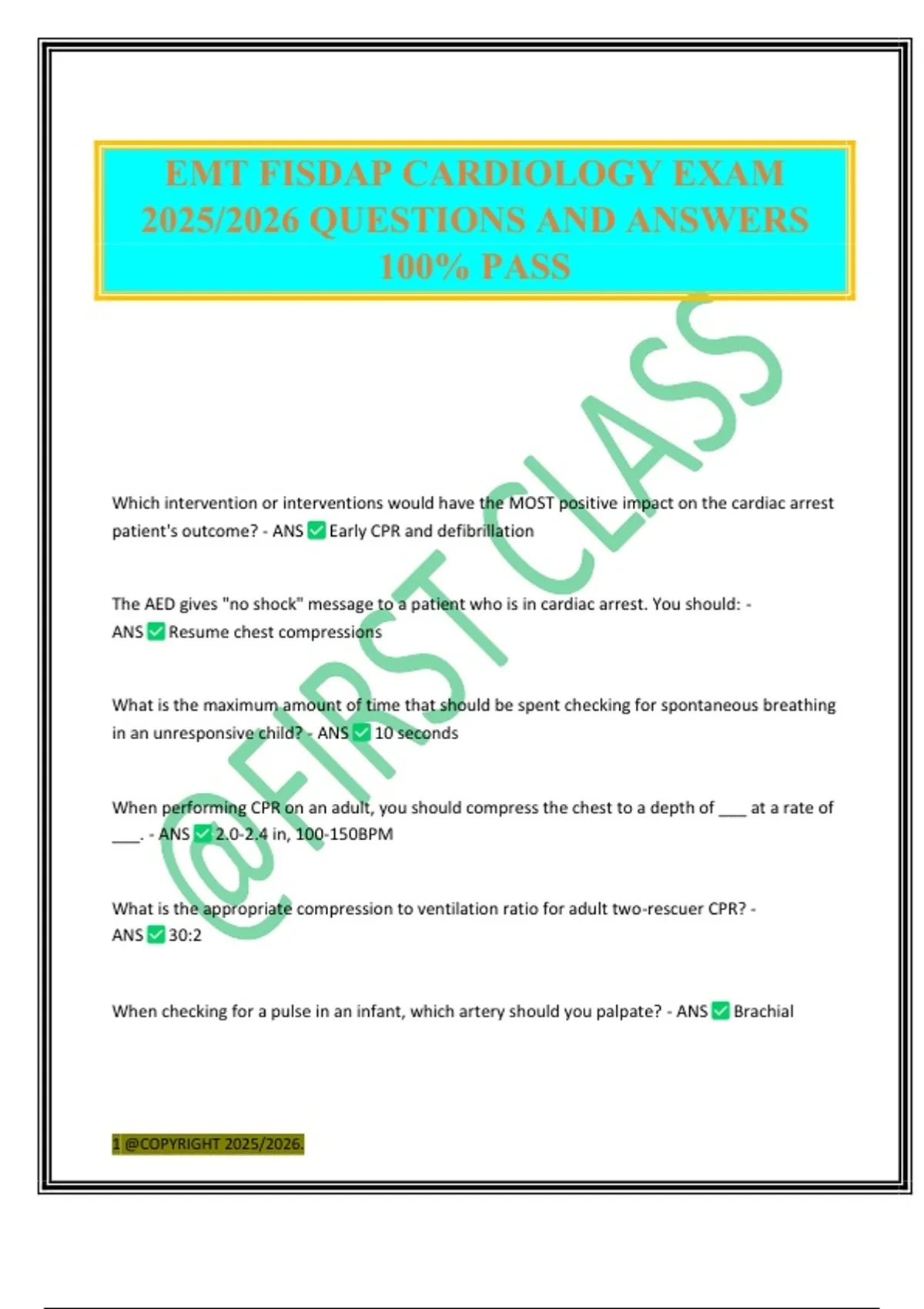 EMT FISDAP CARDIOLOGY EXAM 2025/2026 QUESTIONS AND ANSWERS 100% PASS ...