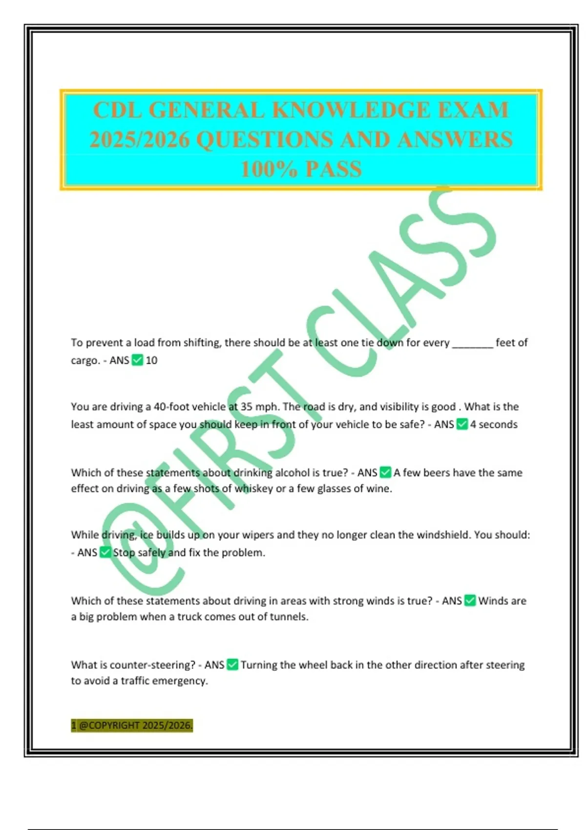 CDL GENERAL KNOWLEDGE EXAM 2025/2026 QUESTIONS AND ANSWERS 100% PASS ...