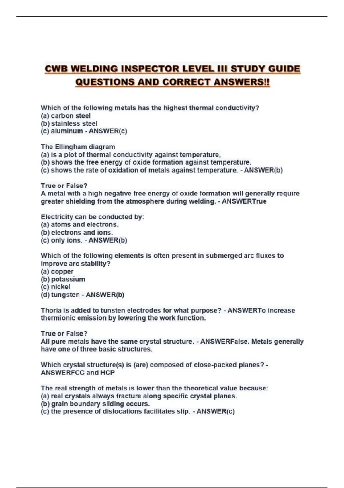 CWB WELDING INSPECTOR LEVEL III STUDY GUIDE QUESTIONS AND CORRECT ...