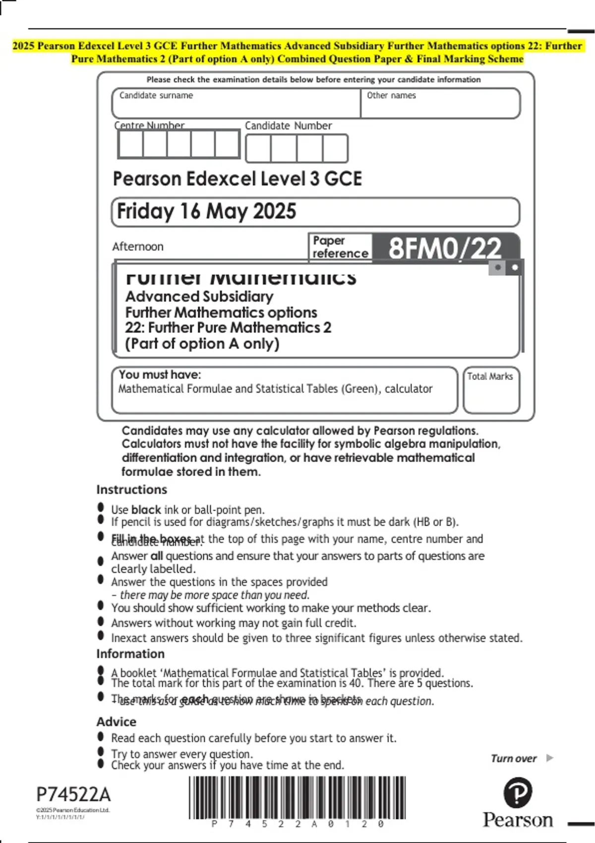 2025 Pearson Edexcel Level 3 GCE Further Mathematics Advanced ...