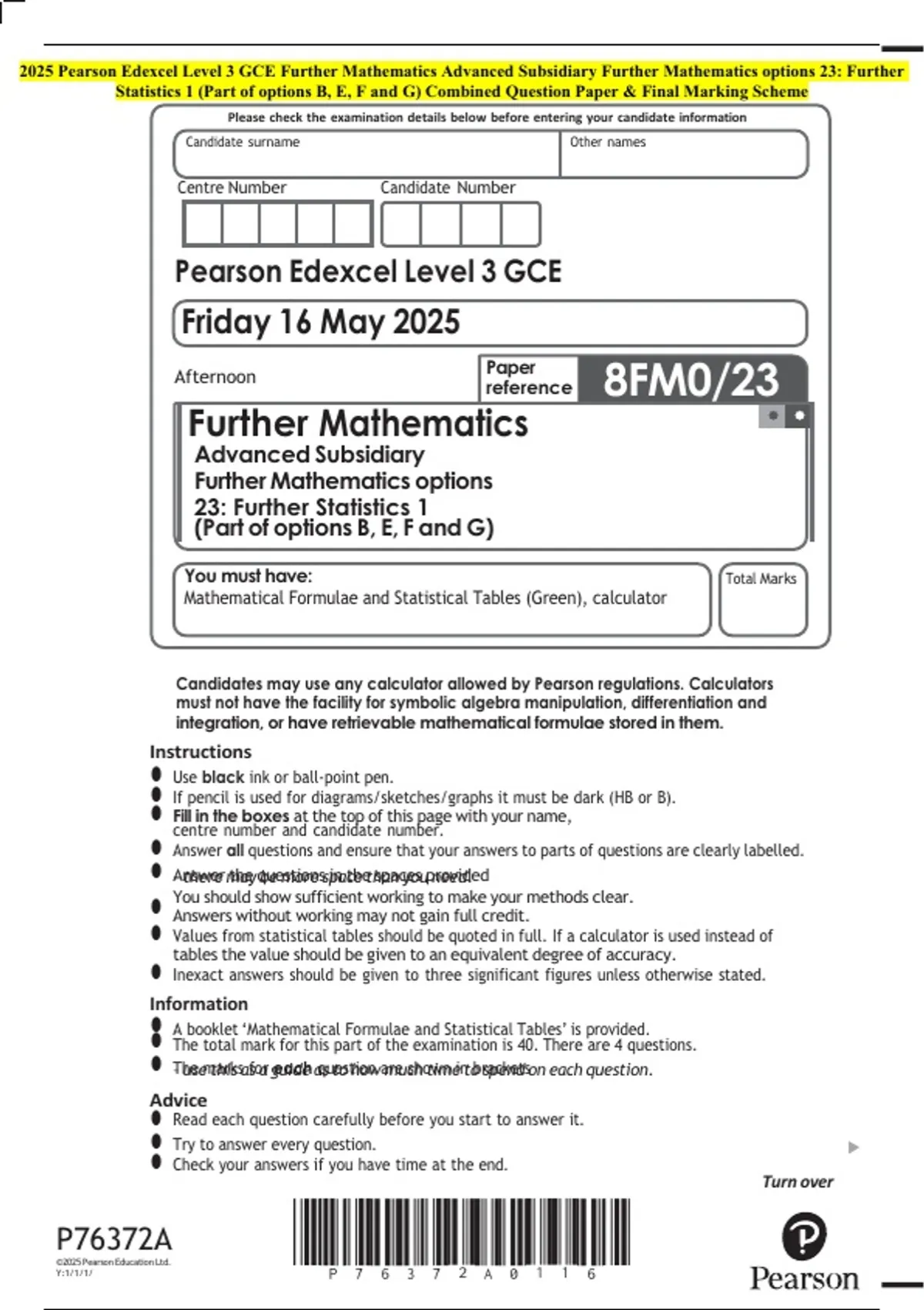 2025 Pearson Edexcel Level 3 GCE Further Mathematics Advanced ...
