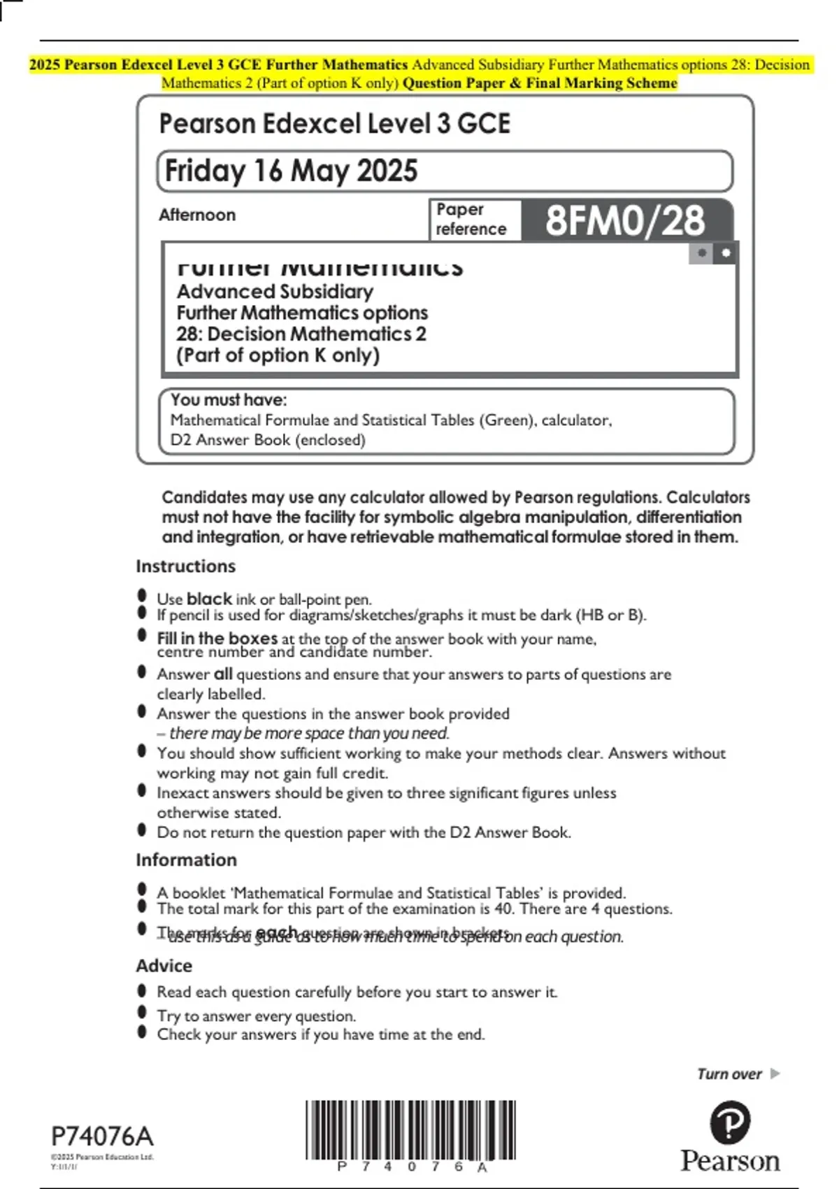 2025 Pearson Edexcel Level 3 GCE Further Mathematics Advanced ...
