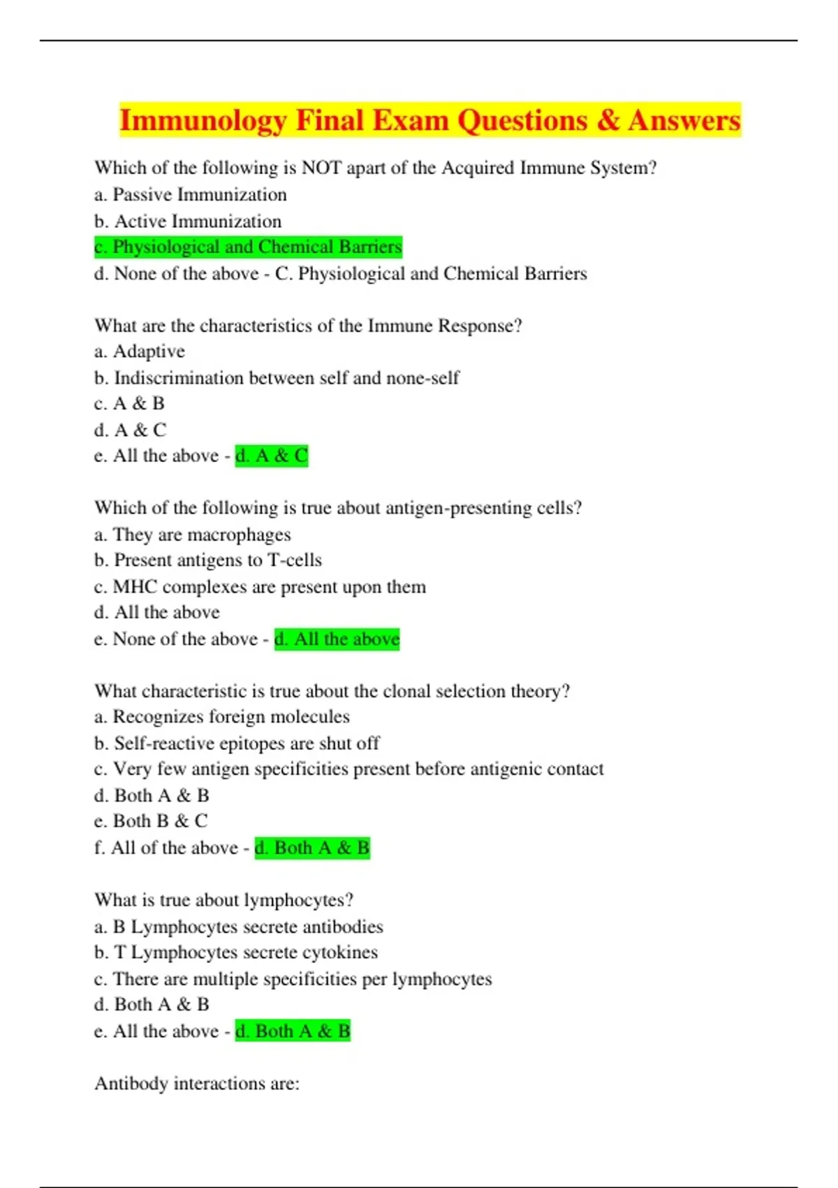 Immunology Final Exam 2025 | Complete Study Guide with Solutions ...