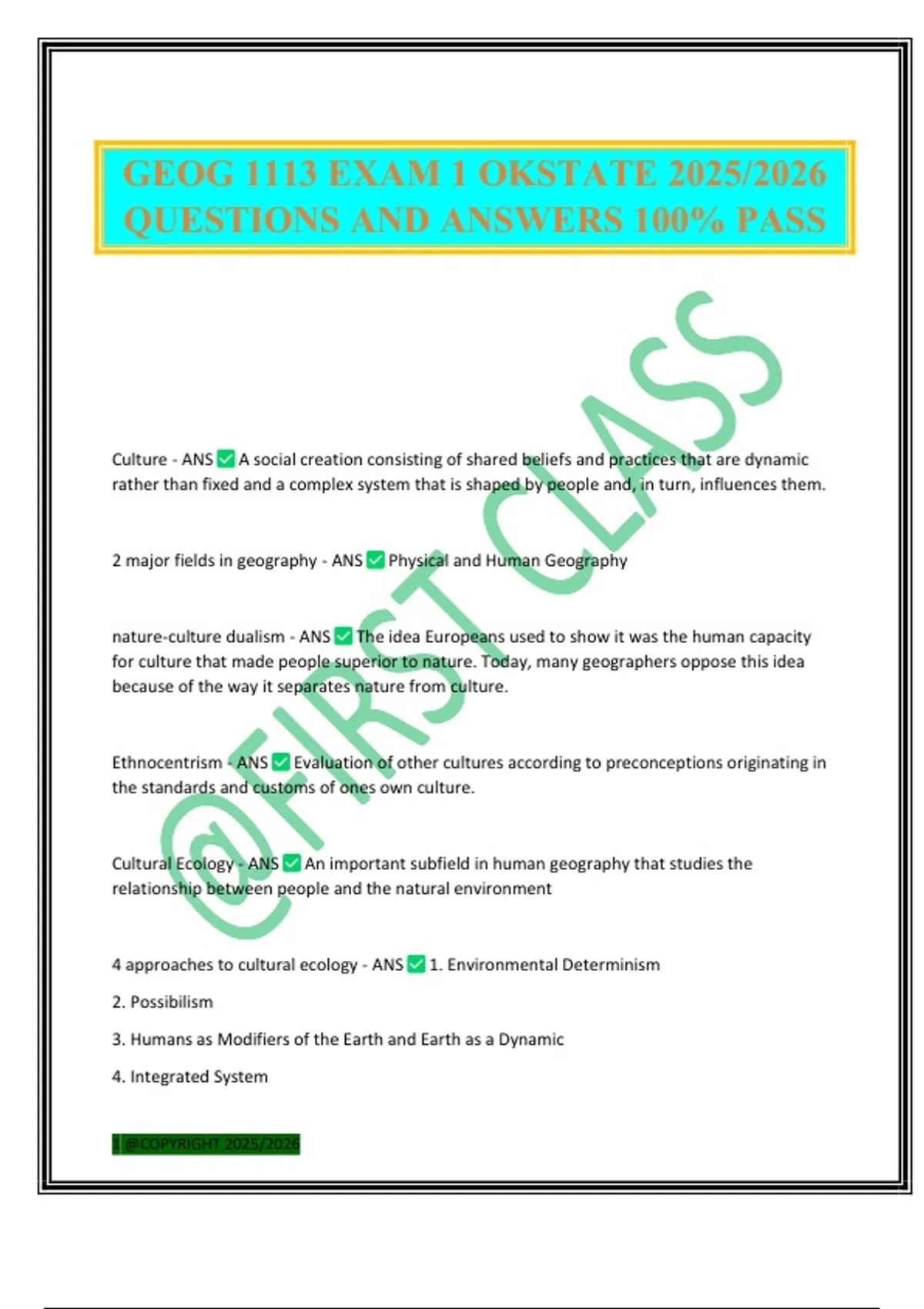 GEOG 1113 EXAM 1 OKSTATE 2025/2026 QUESTIONS AND ANSWERS 100% PASS ...