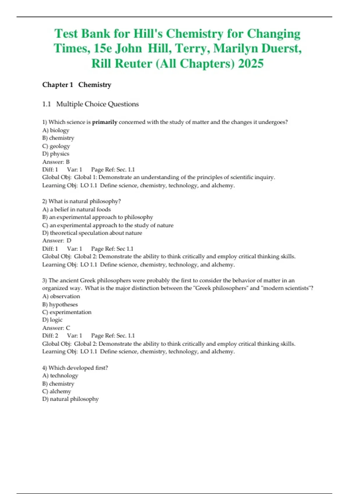 Test Bank for Hill’s Chemistry for Changing Times 15th Edition by John ...
