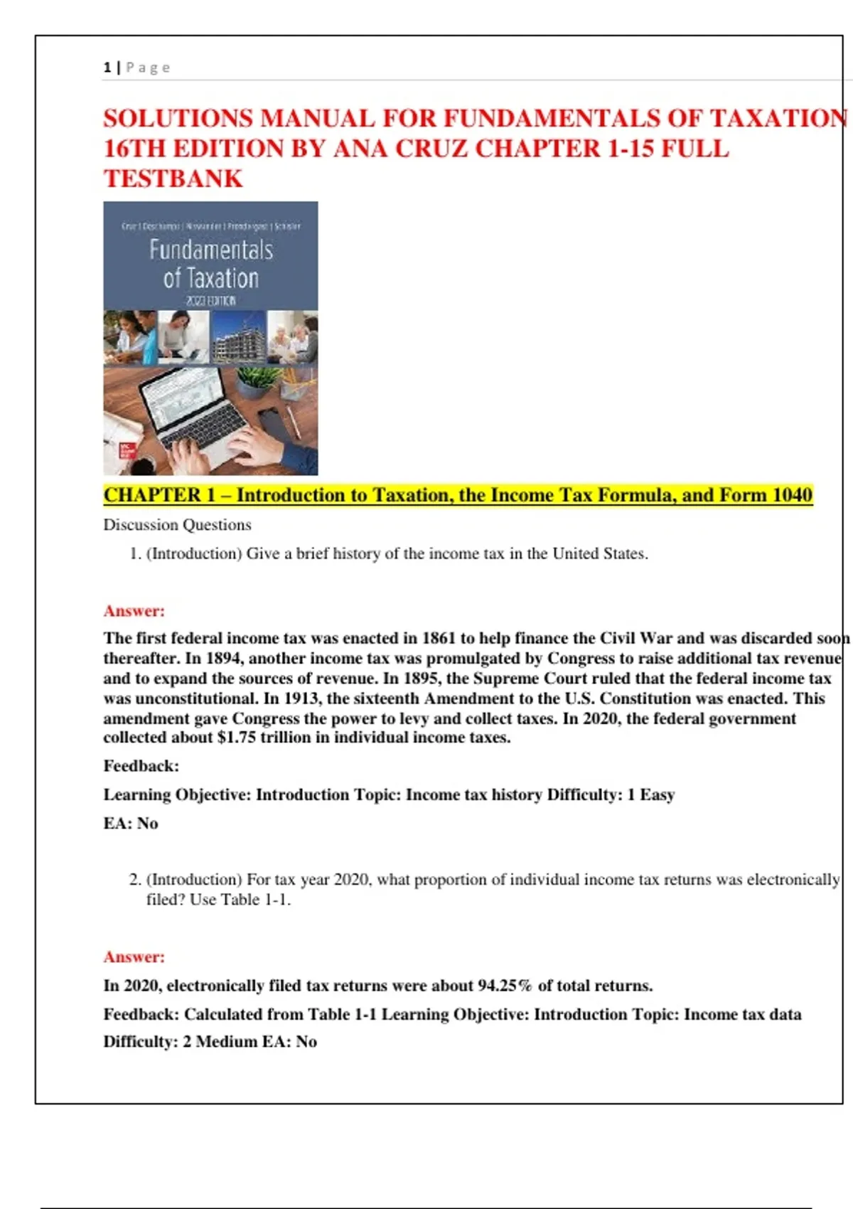 SOLUTIONS MANUAL FOR FUNDAMENTALS OF TAXATION 16TH EDITION BY ANA CRUZ CHAPTER 1-15 FULL ...