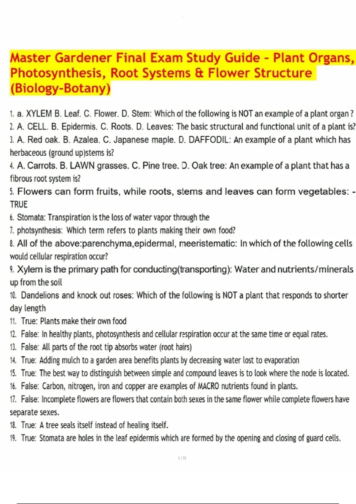 Master Gardener Final Exam Study Guide – Plant Organs, Photosynthesis ...